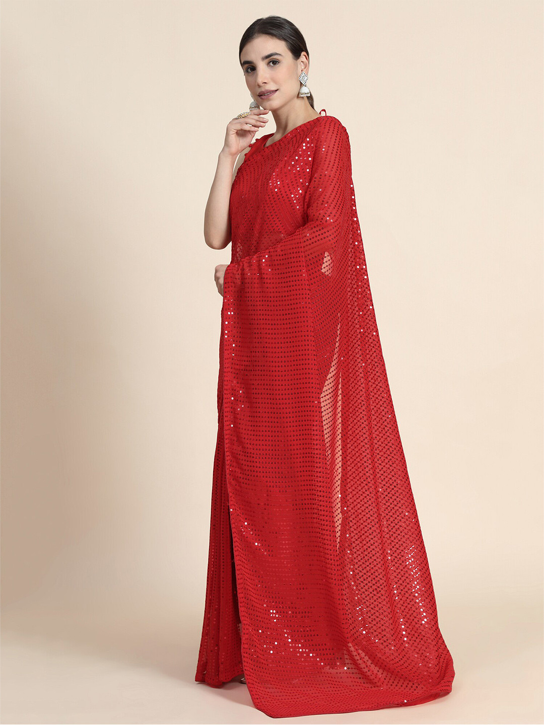 

Mitera Red Embellished Sequinned Pure Georgette Saree