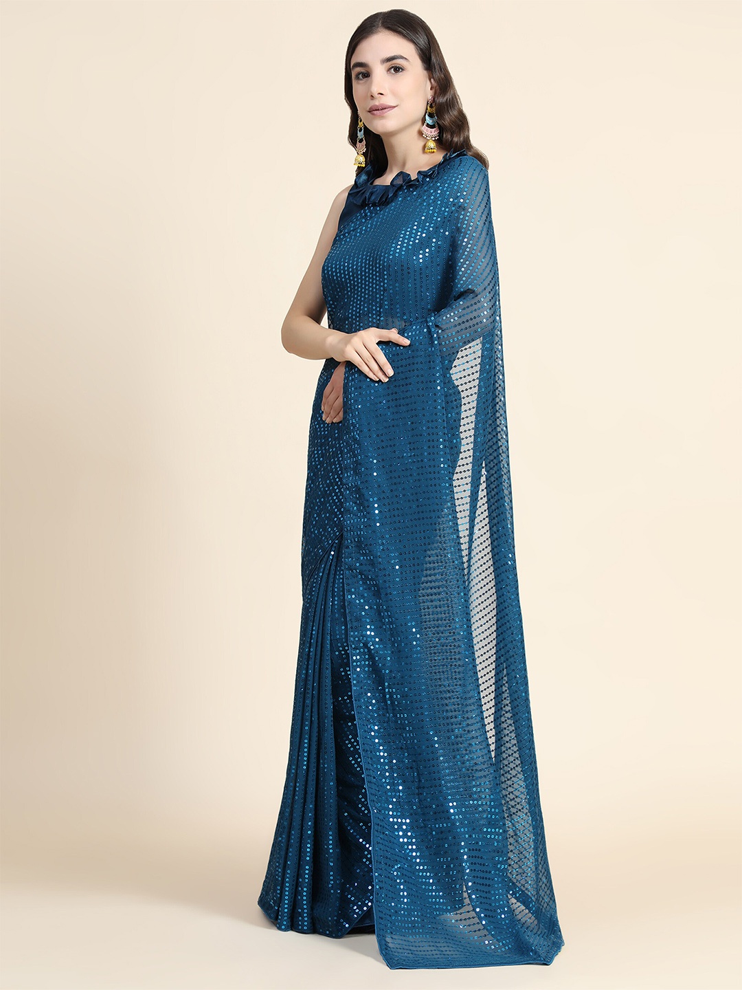 

Mitera Teal Blue Embellished Sequinned Pure Georgette Saree