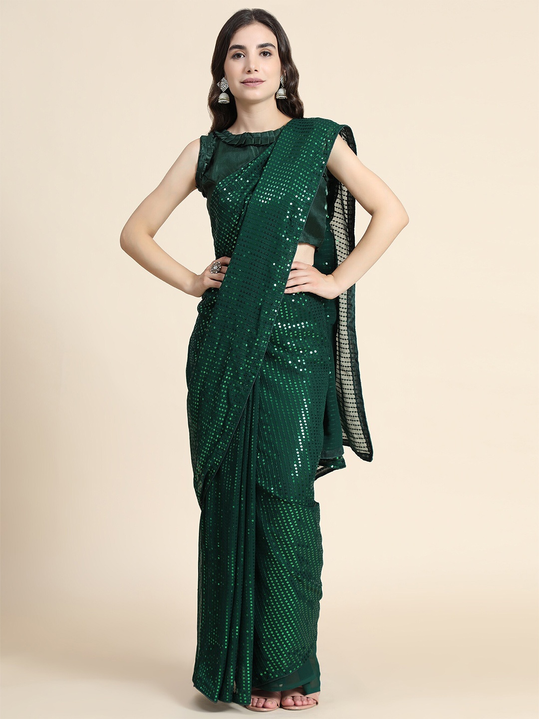 

Mitera Green Embellished Sequinned Pure Georgette Saree