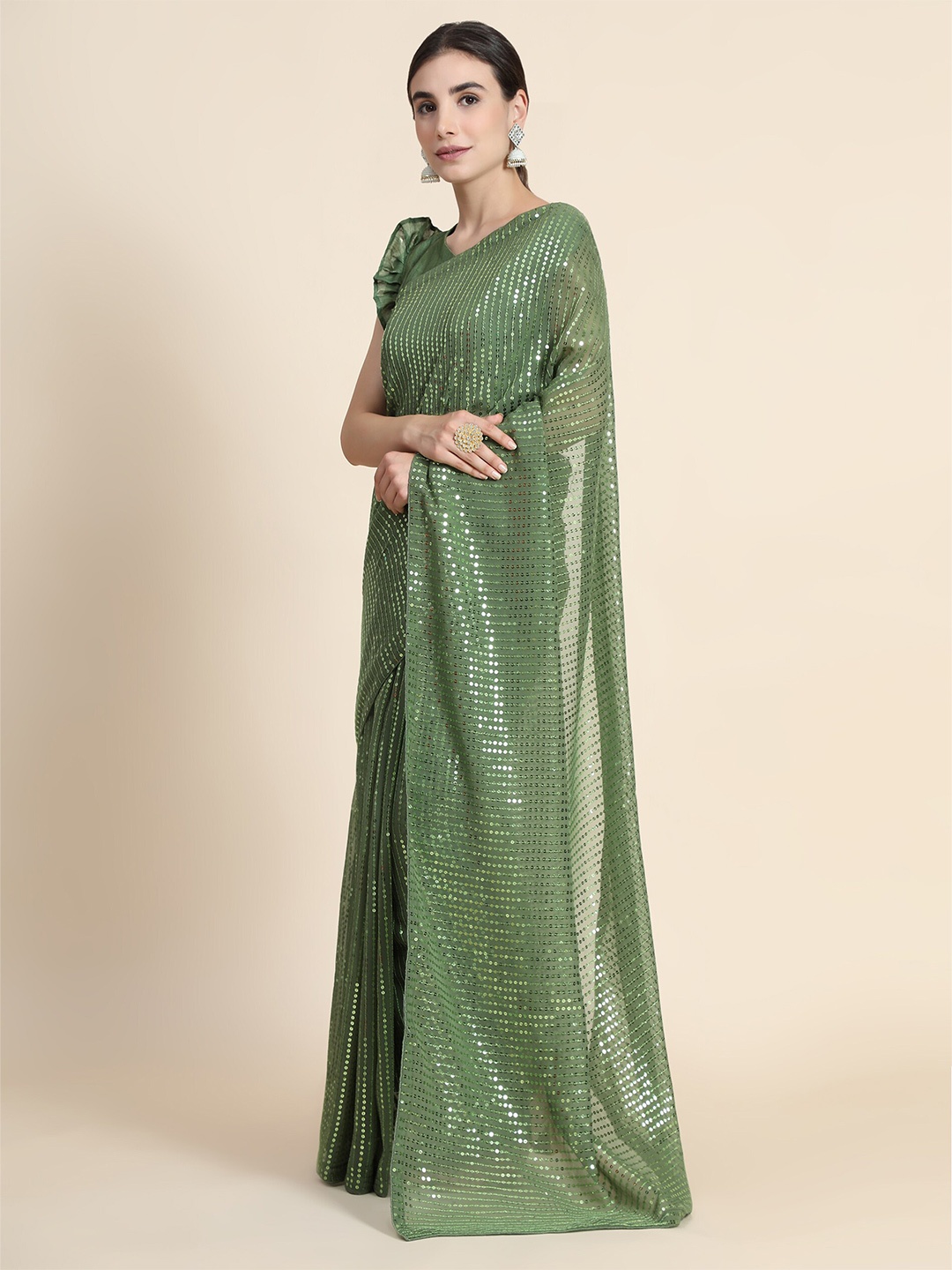 

Mitera Olive Green Embellished Sequinned Pure Georgette Saree