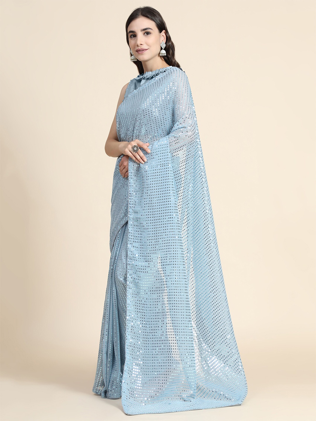

Mitera Silver-Toned Embellished Sequinned Pure Georgette Saree