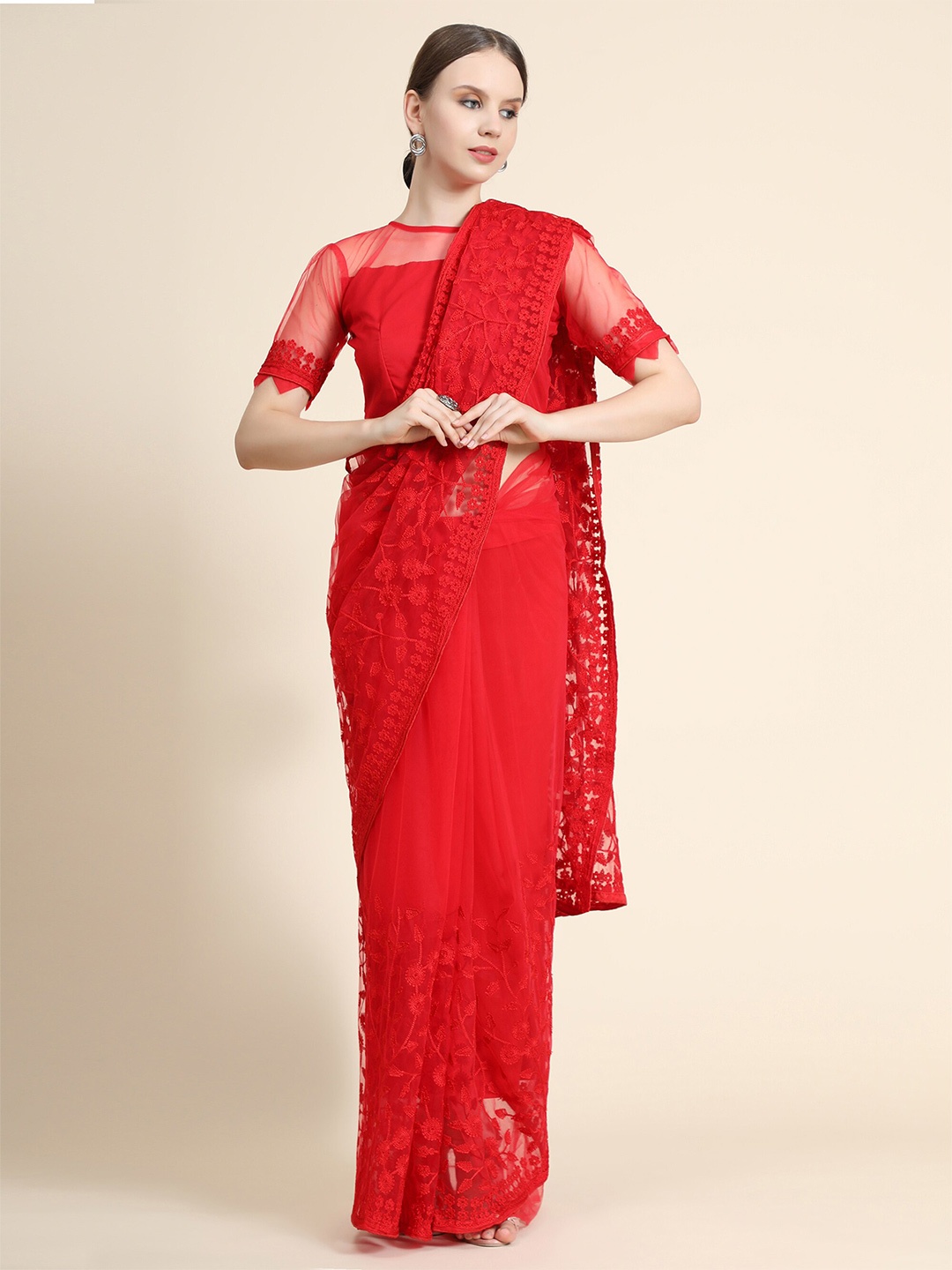 

Mitera Red Floral Embroidered Net Saree With Blouse Piece