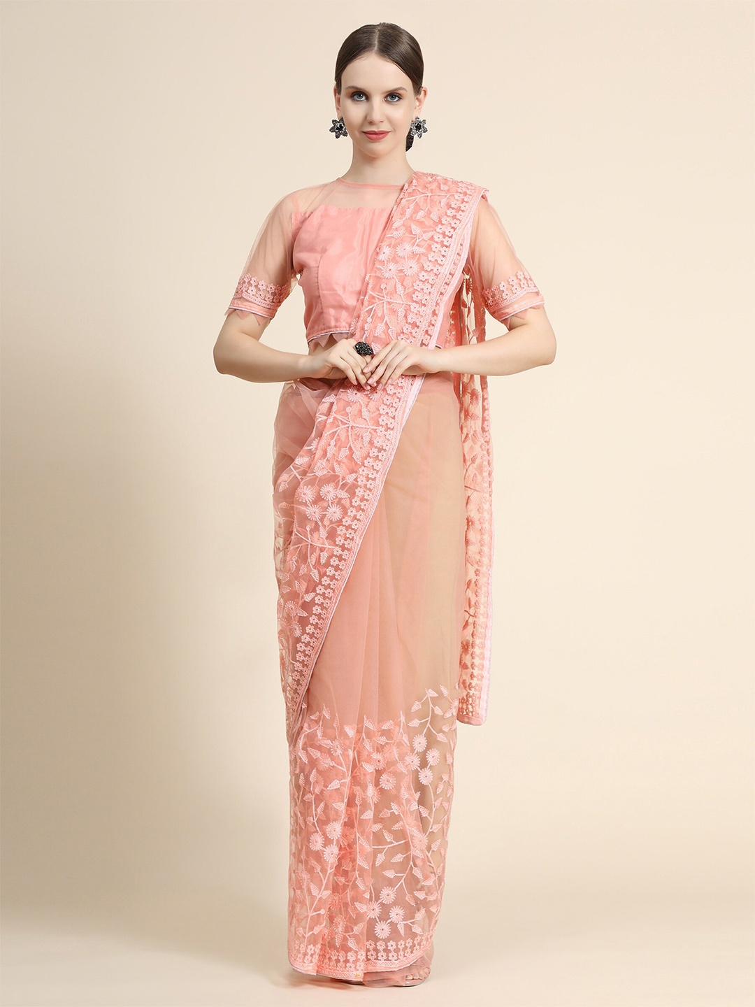 

Mitera Peach-Coloured Floral Embroidered Net Saree