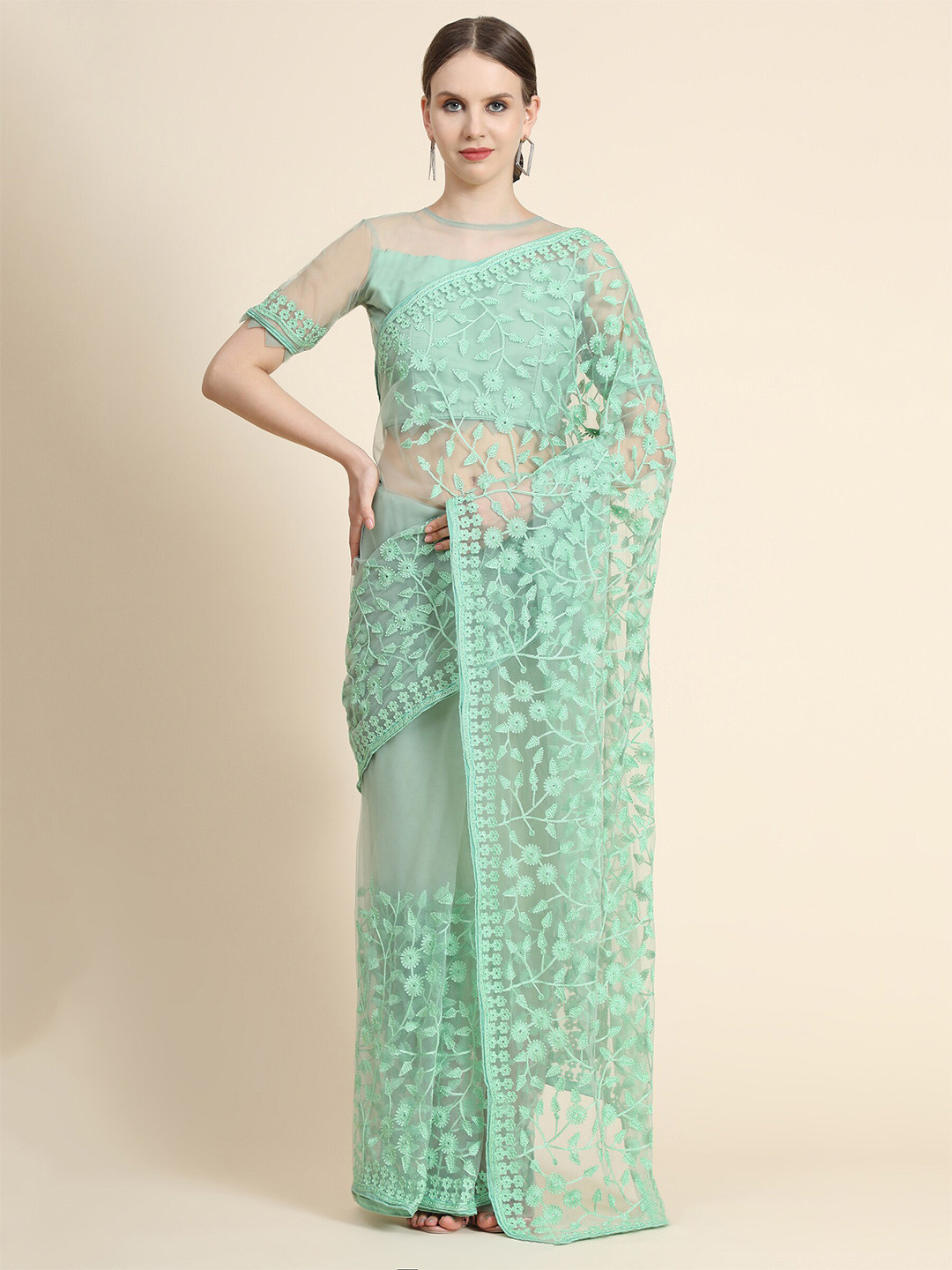 

Mitera Sea Green Floral Embroidered Net Saree