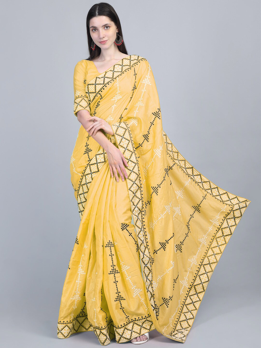 

Mitera Yellow & White Ethnic Motifs Embroidered Silk Cotton Saree