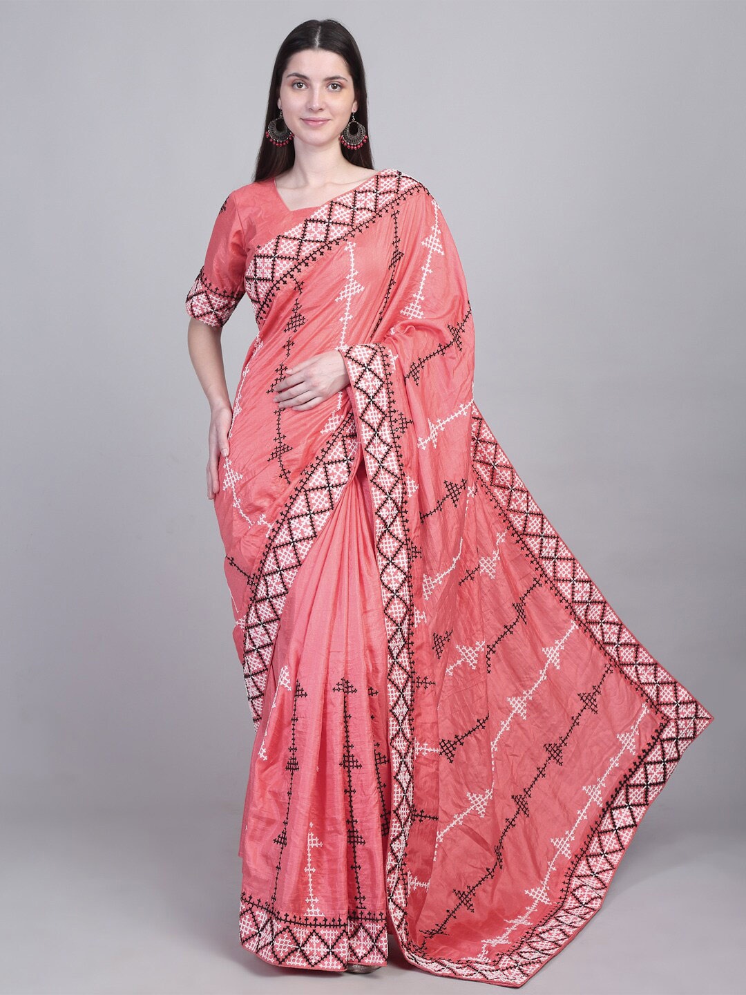 

Mitera Red & White Ethnic Motifs Embroidered Silk Cotton Saree