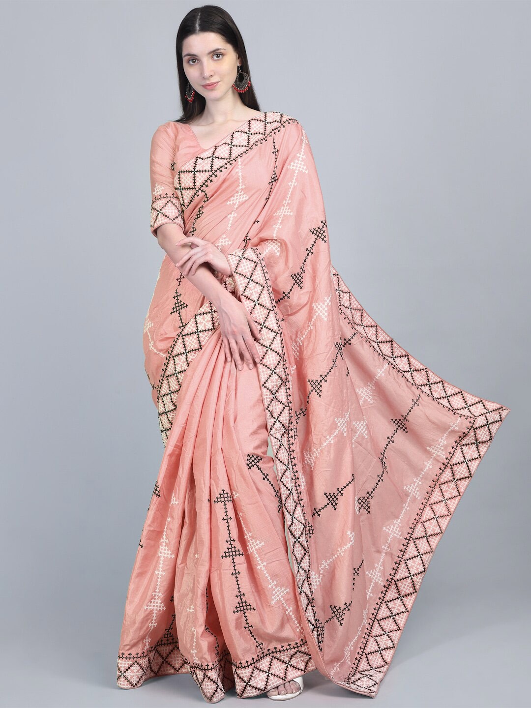 

Mitera Pink & White Embroidered Silk Cotton Saree