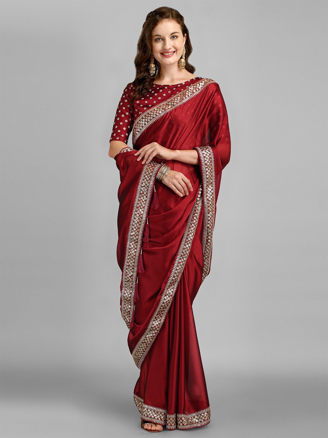 

Mitera Red & Gold-Toned Sequinned Silk Cotton Saree