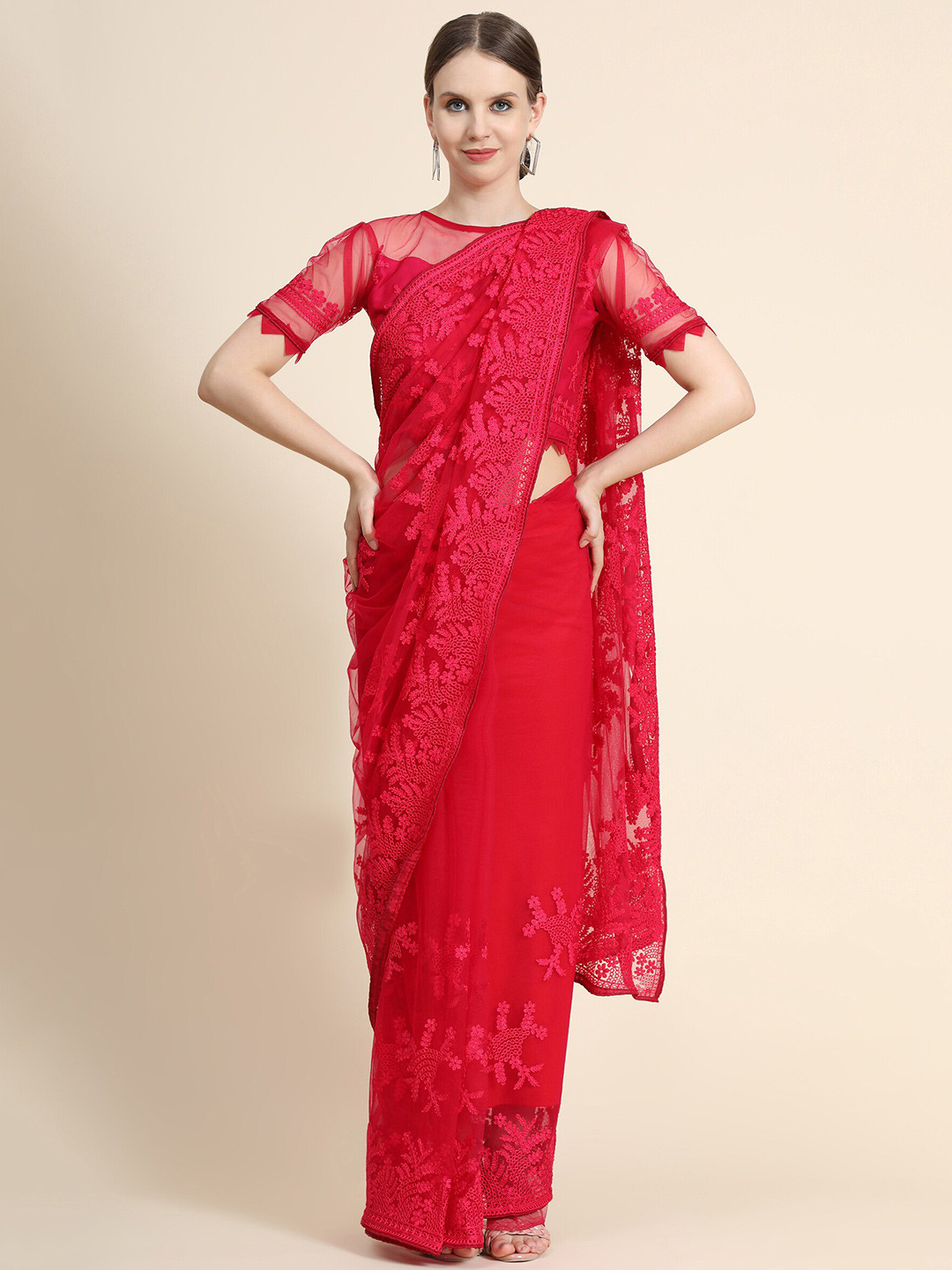 

Mitera Floral Embroidered Net Saree, Red