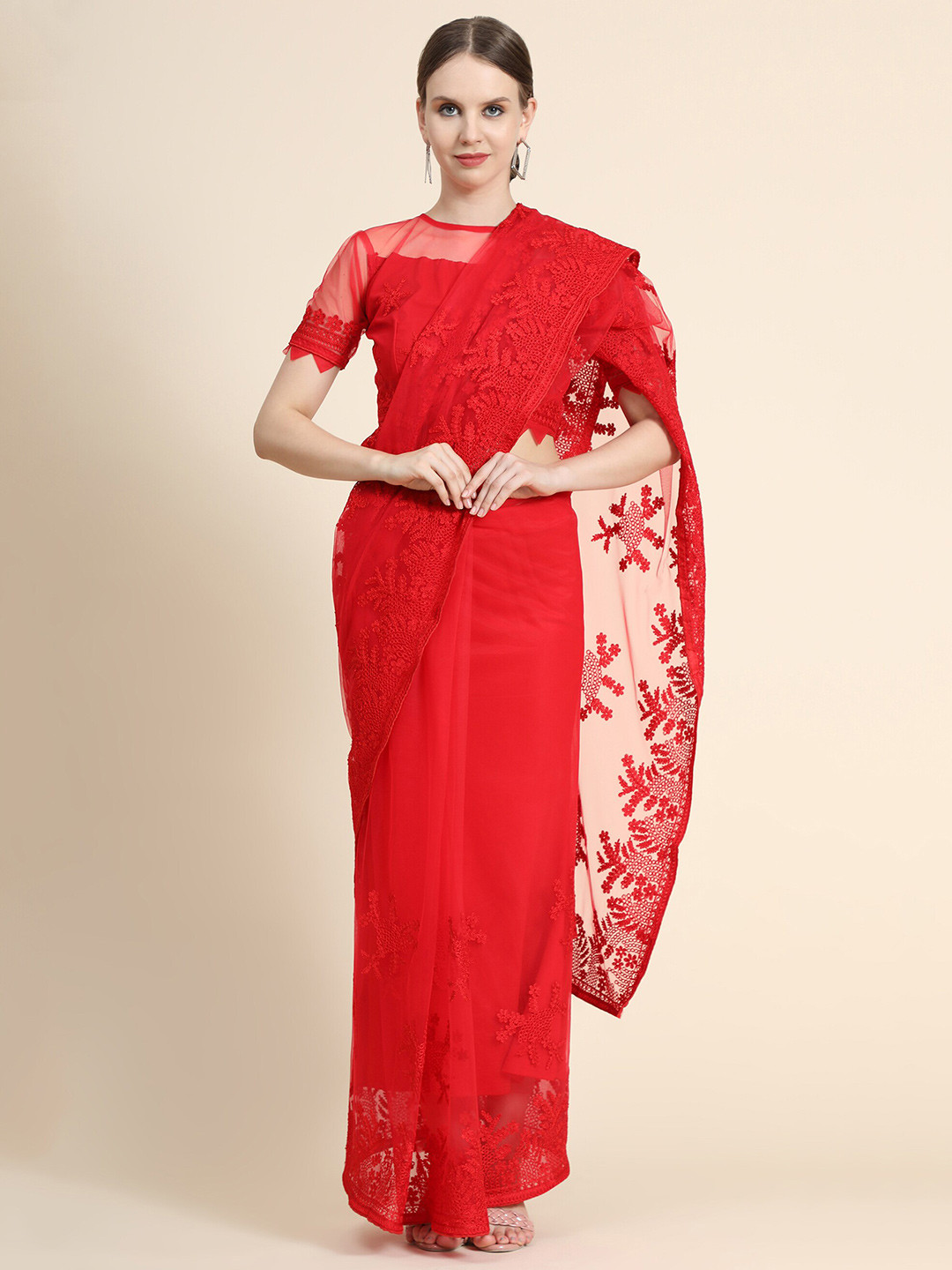 

Mitera Red Floral Embroidered Net Saree