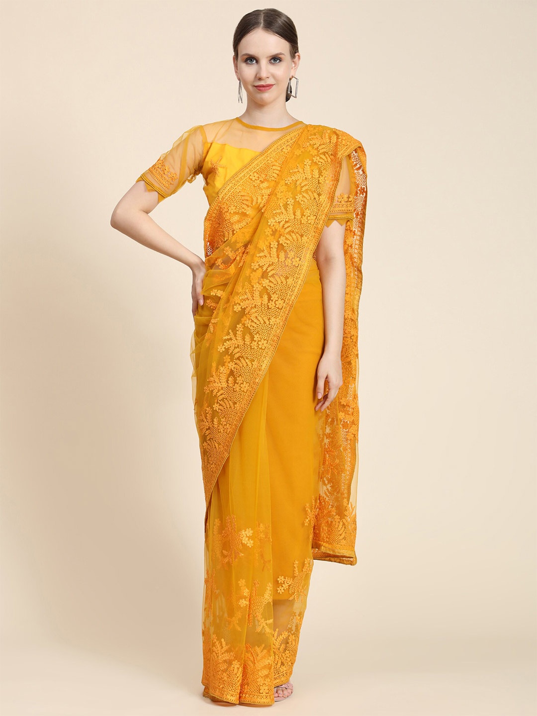 

Mitera Mustard Floral Embroidered Net Saree
