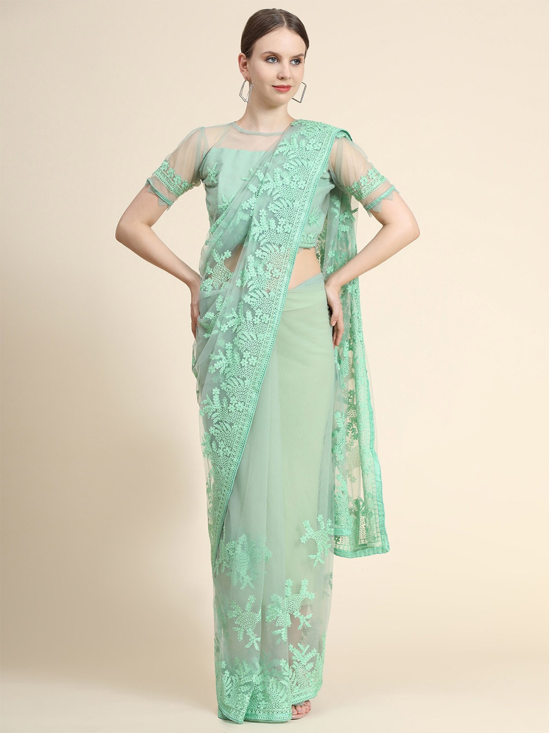 

Mitera Sea Green Floral Embroidered Net Saree