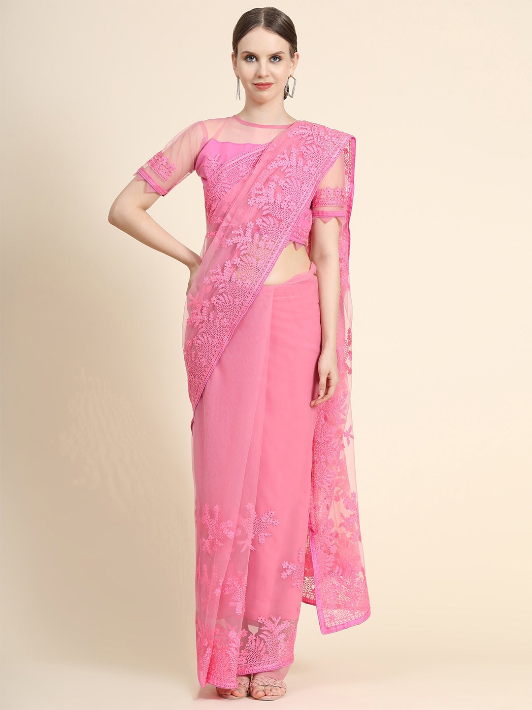 

Mitera Pink Floral Embroidered Net Saree