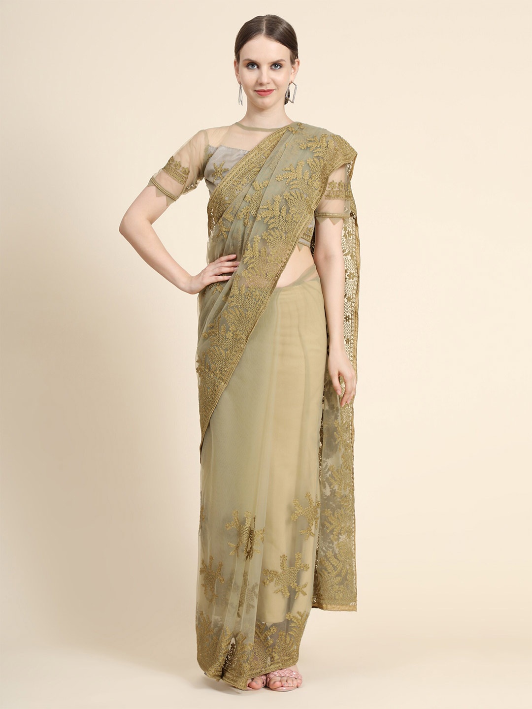 

Mitera Tan Floral Embroidered Net Saree