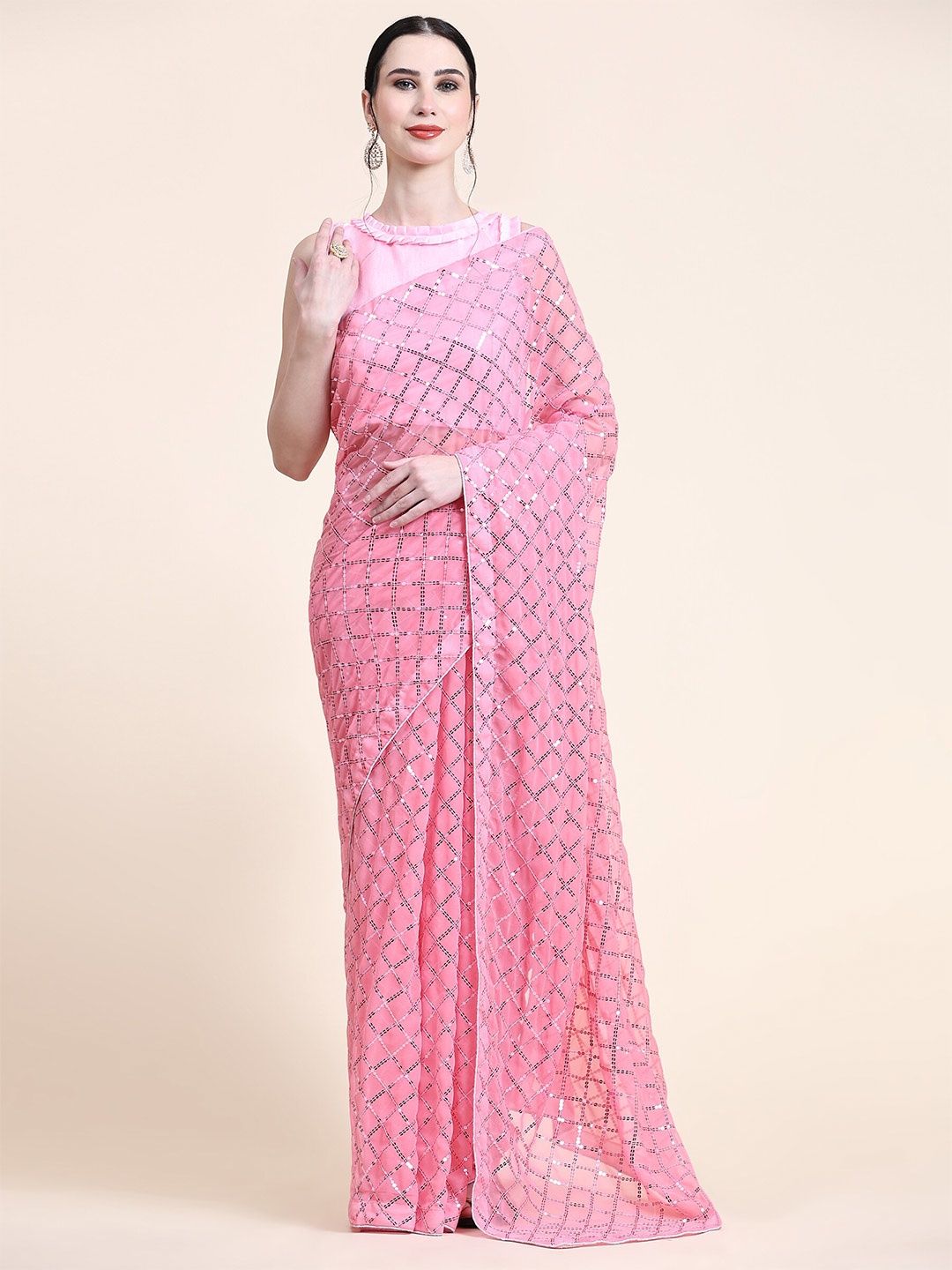 

Mitera Pink Checked Sequinned Pure Georgette Saree