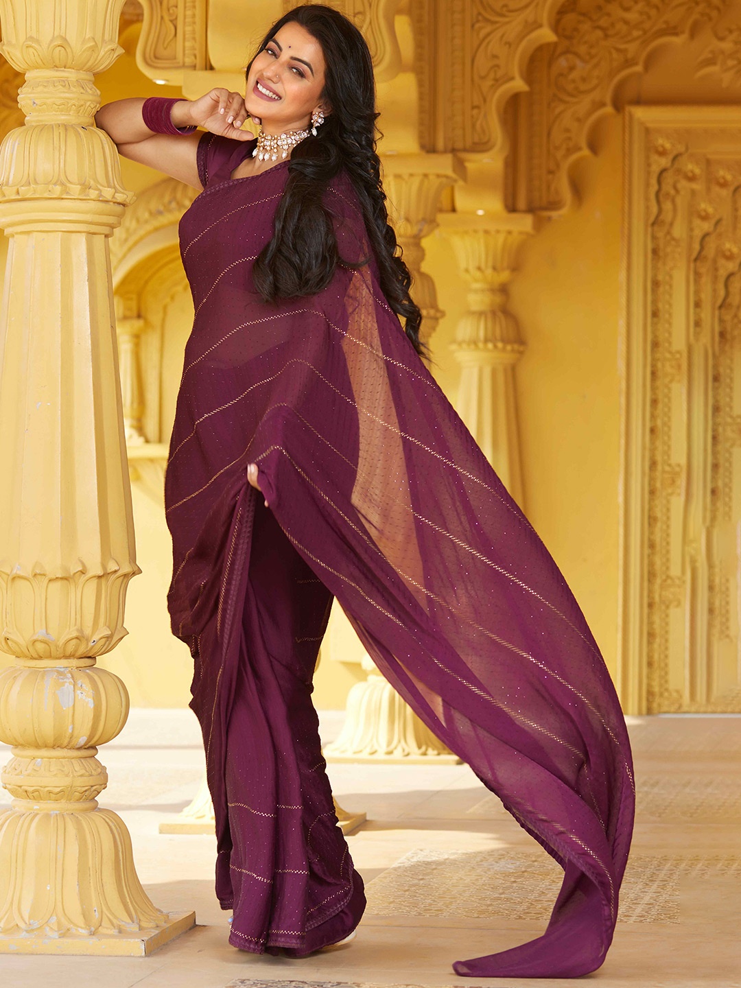

Laxmipati Striped Embellished Saree, Purple