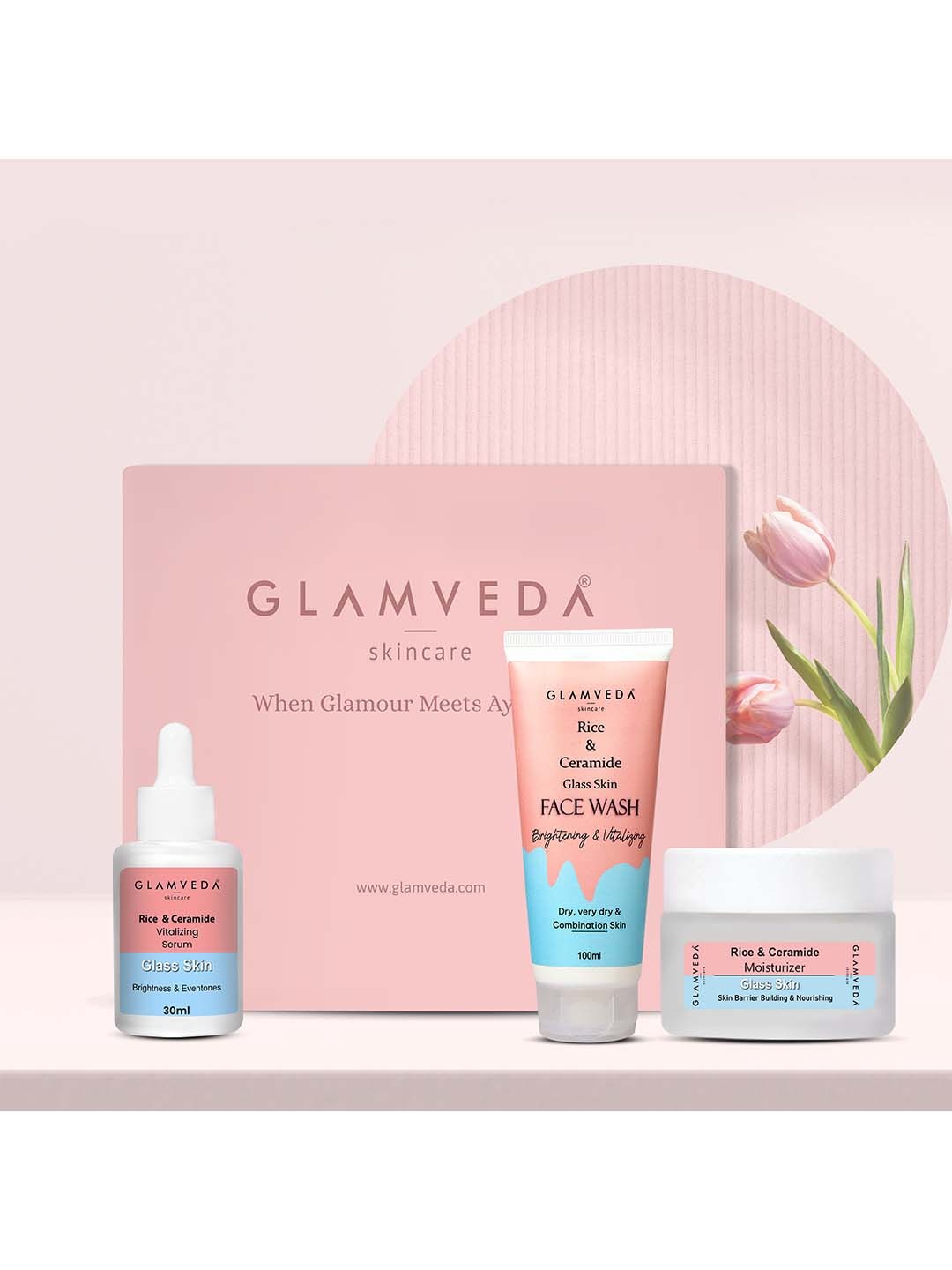 

GLAMVEDA Glass Skin Rice & Ceramide 3 Step Daily Skincare Gift Set, Pink