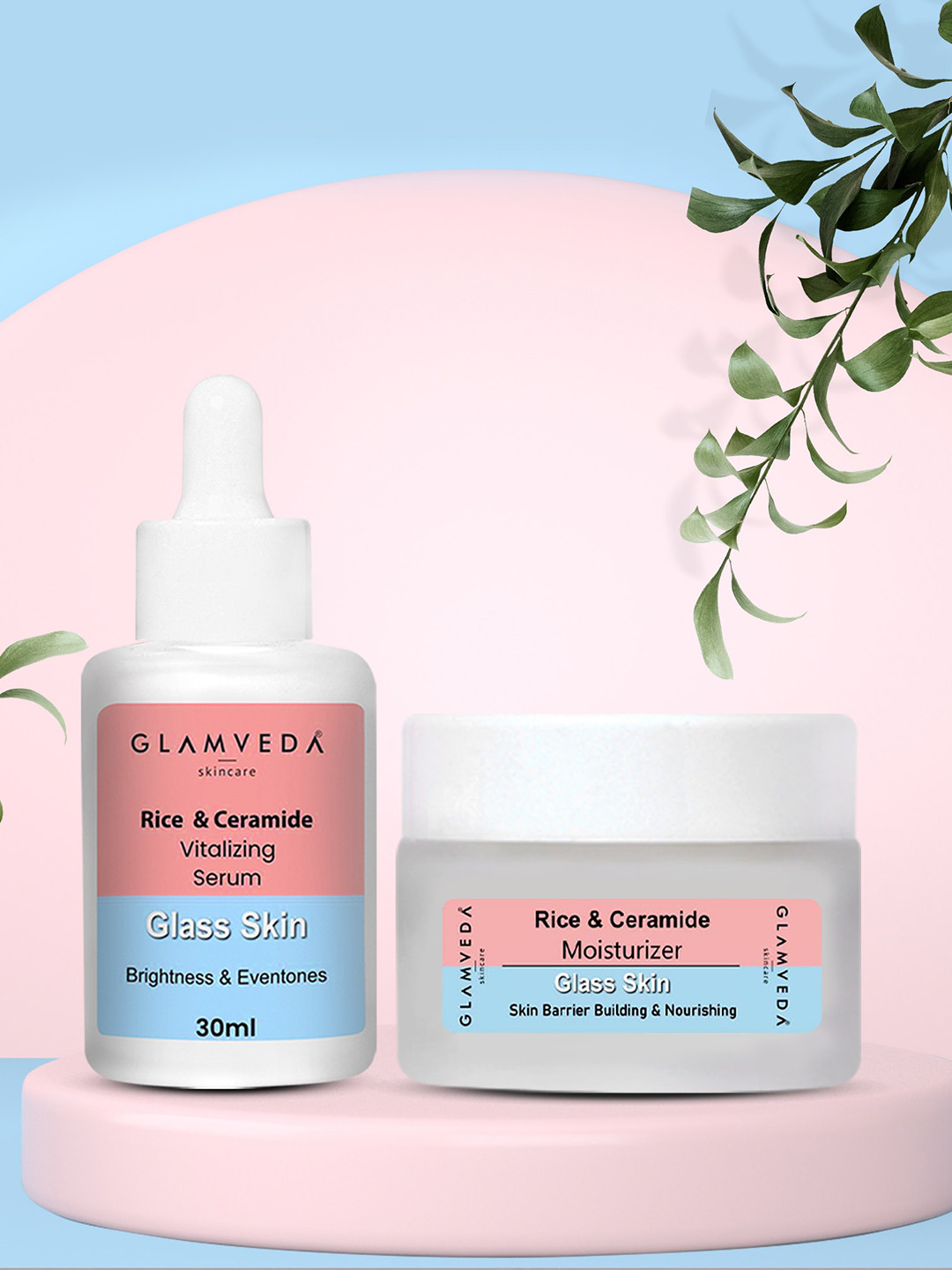 

GLAMVEDA Korean Glass Skin Set of Rice & Ceramide Face Serum 30 ml & Moisturizer 50 ml, Pink