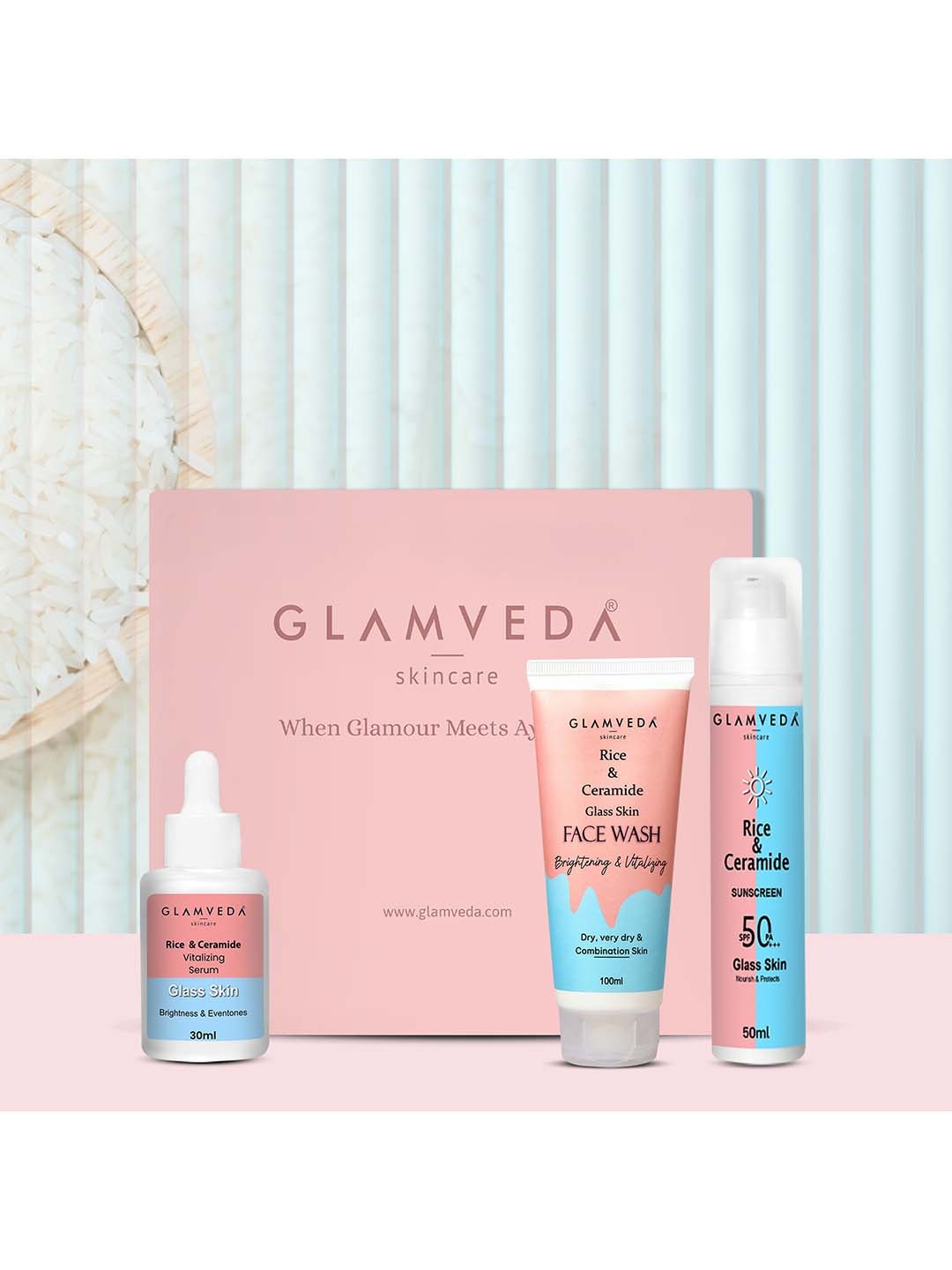 

GLAMVEDA Korean Glass Skin Rice & Ceramide 3 Step Skincare Gift Set, Pink
