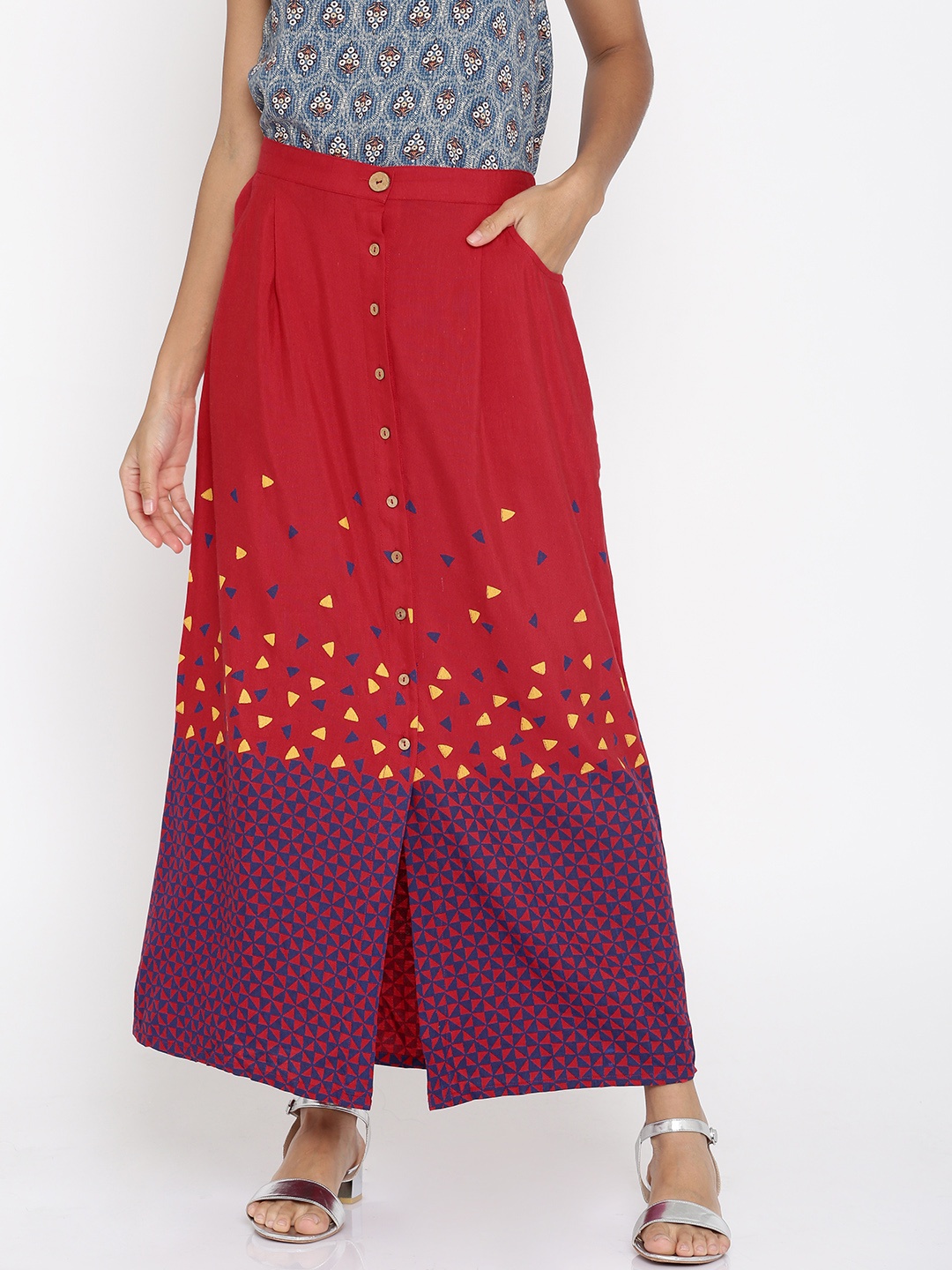 

Global Desi Red Printed A-Line Maxi Skirt