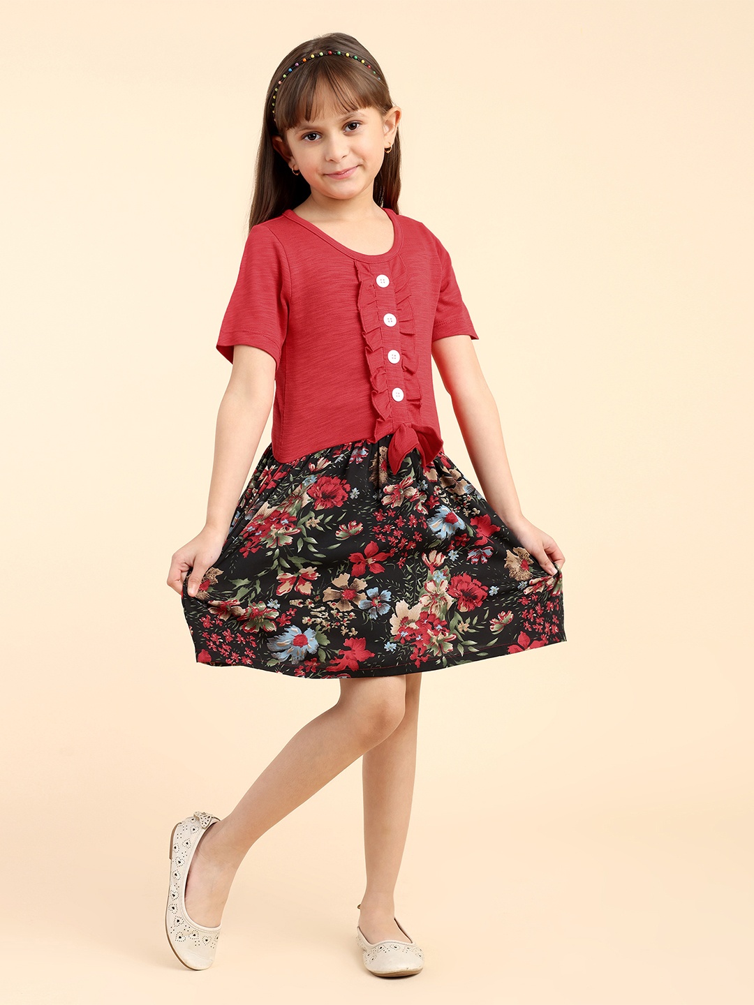 

Lazy Shark Floral Printed Fit & Flare Dress, Red