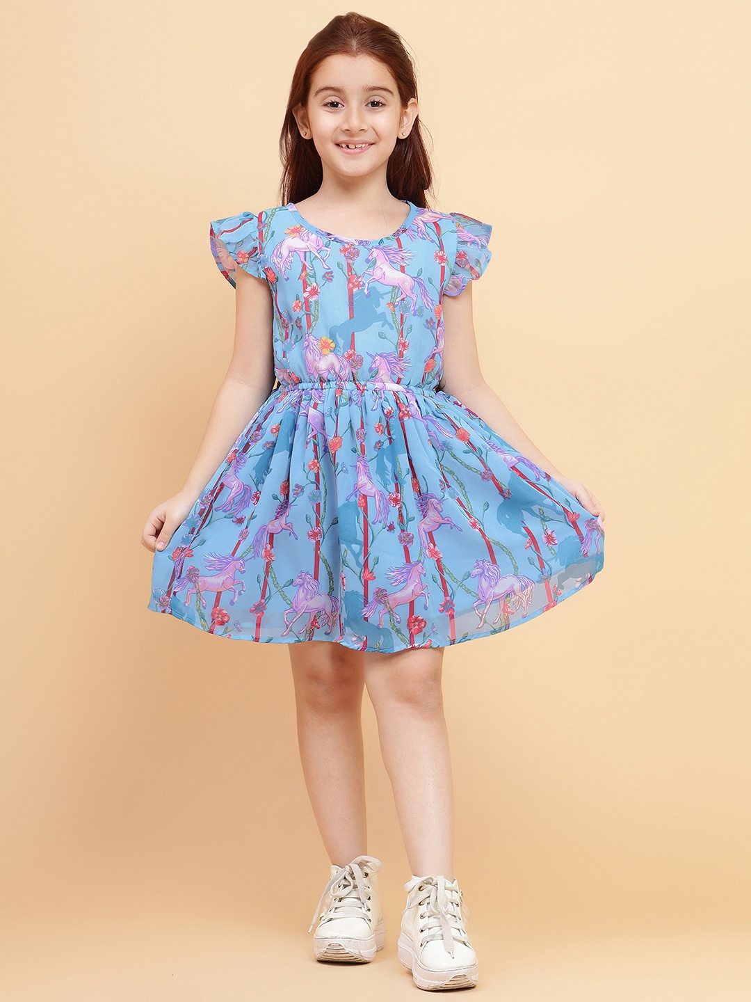 

Lazy Shark Floral Printed Flutter Sleeve Fit & Flare Dress, Blue