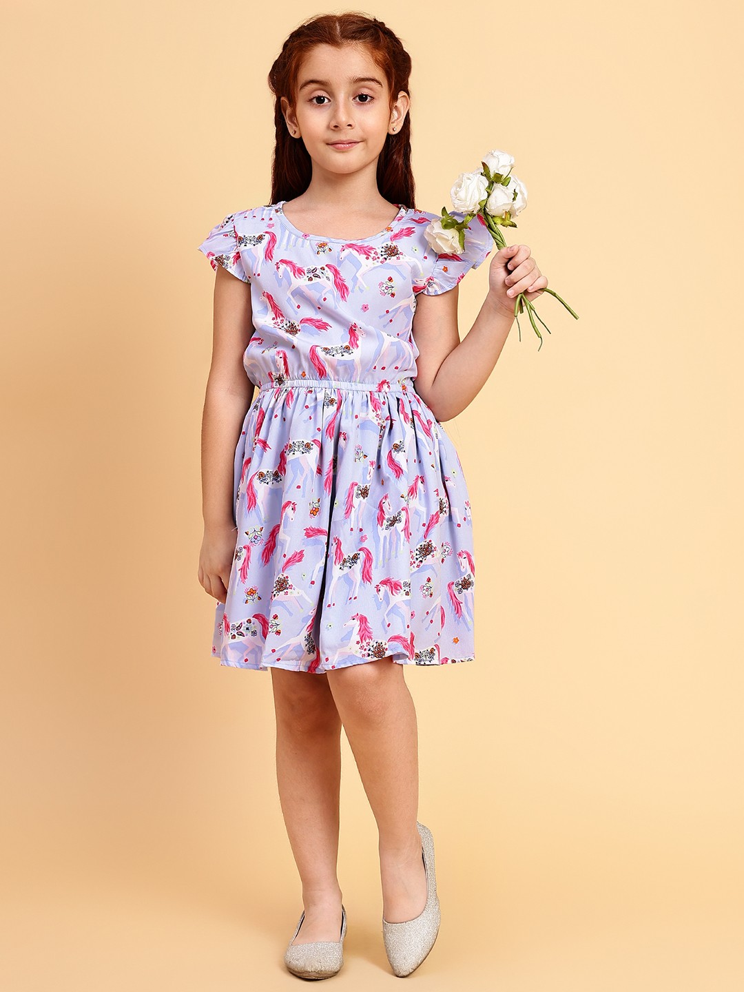 

Lazy Shark Floral Printed Flutter Sleeves Fit & Flare Dress, Blue