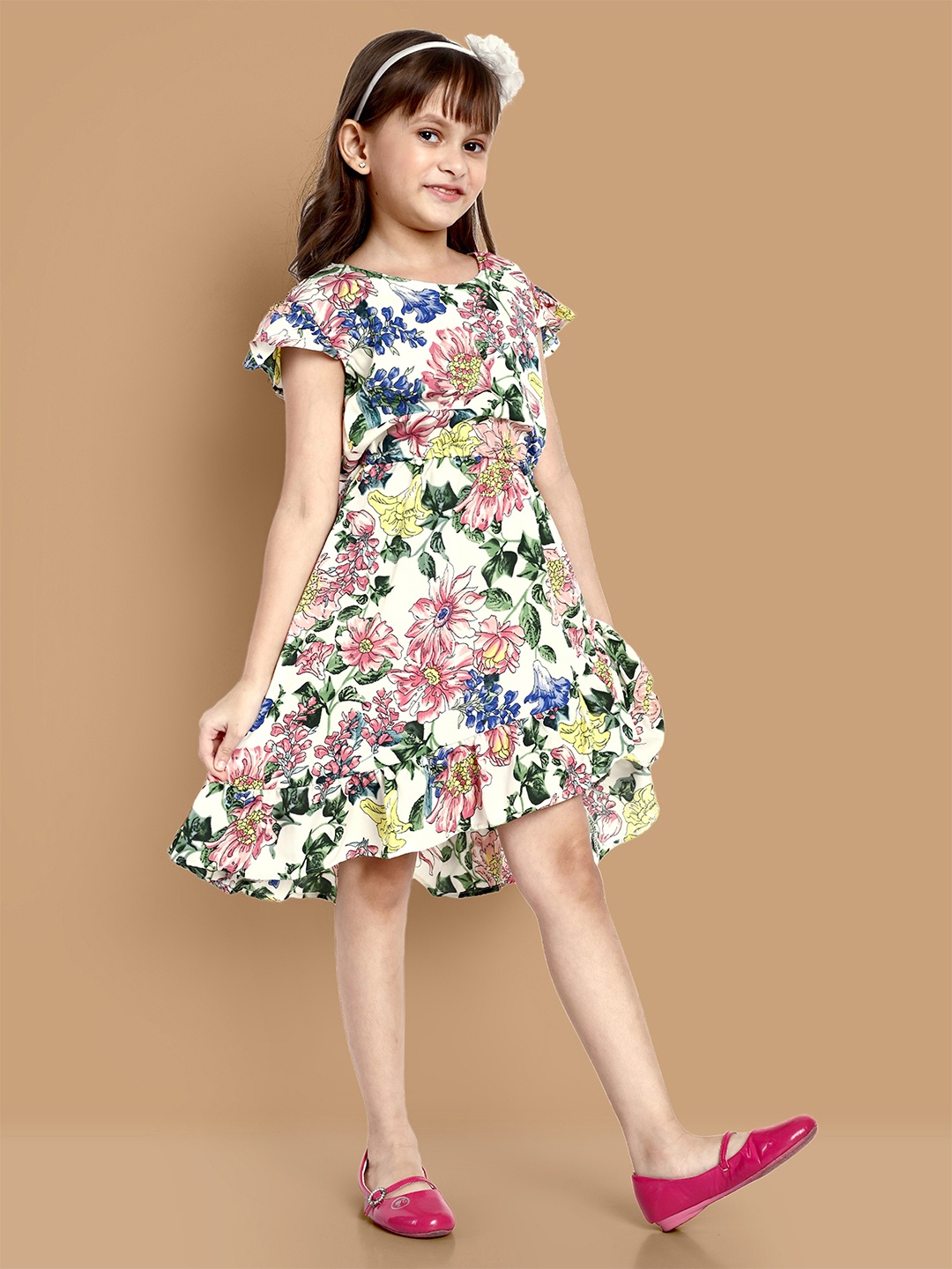 

Lazy Shark Floral Printed Flutter Sleeves Fit & Flare Dress, Cream