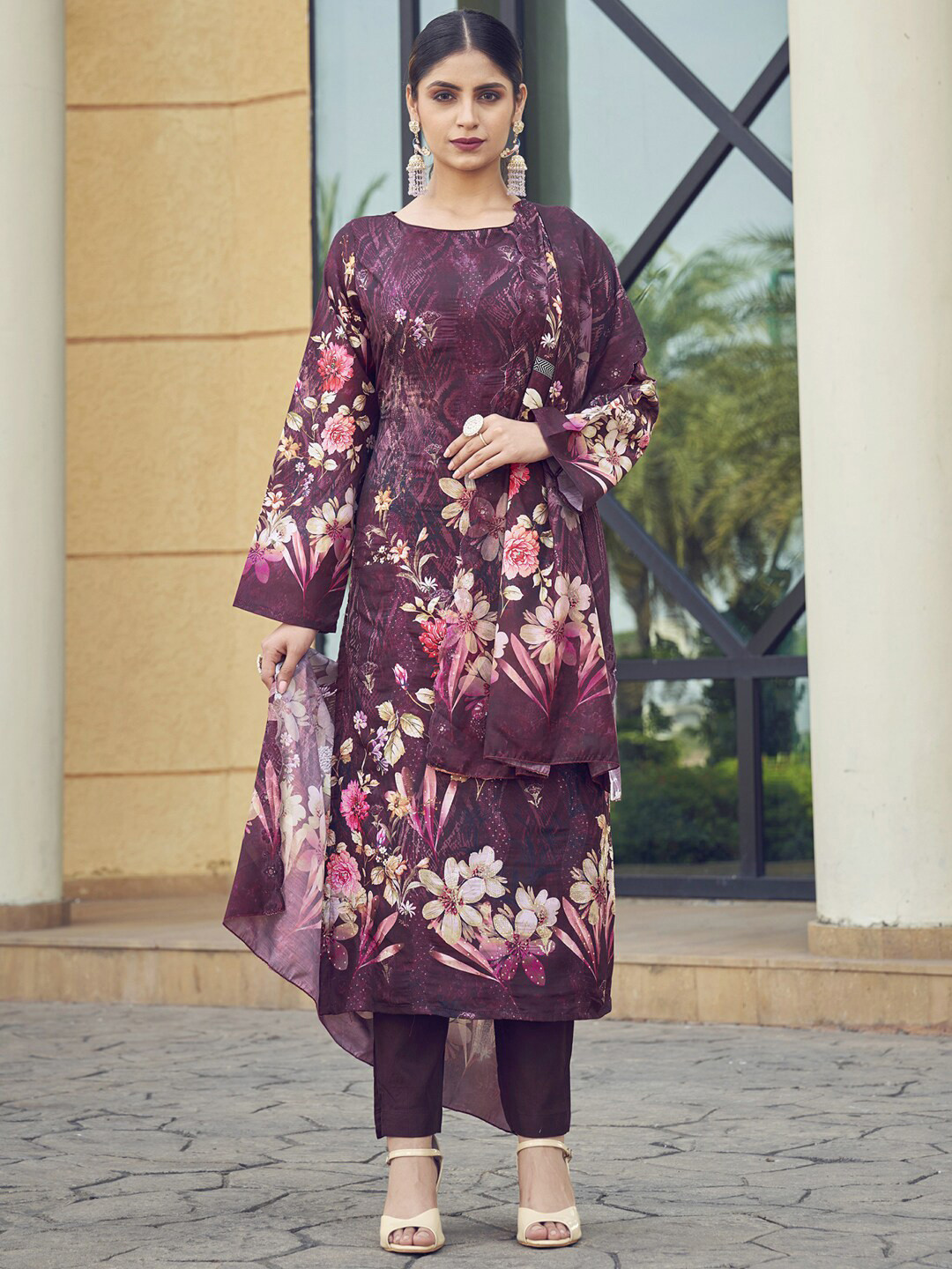 

Stylee LIFESTYLE Floral Sequinned Embroidered Pure Silk Unstitched Dress Material, Burgundy