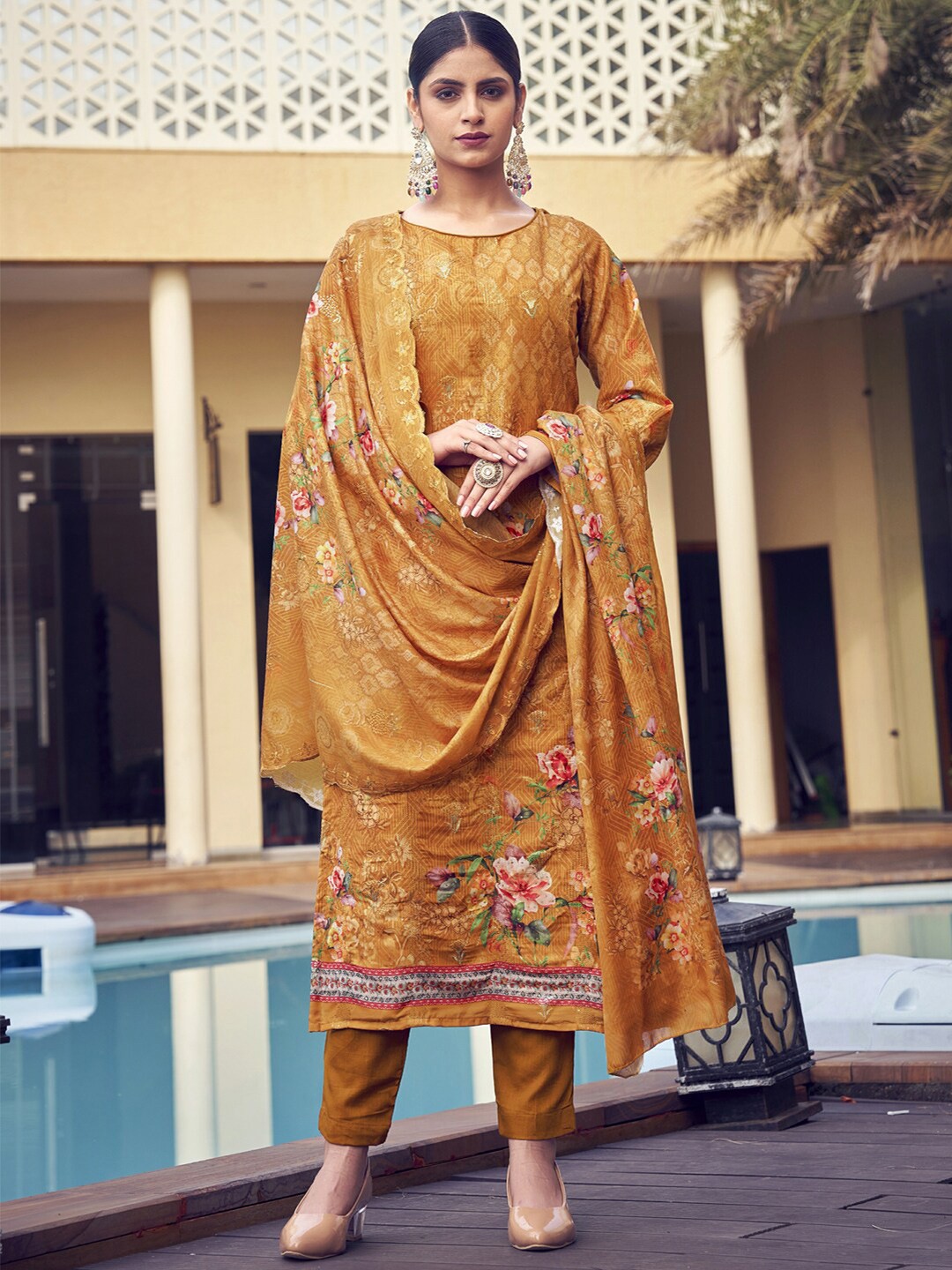 

Stylee LIFESTYLE Floral Sequinned Embroidered Pure Silk Unstitched Dress Material, Mustard