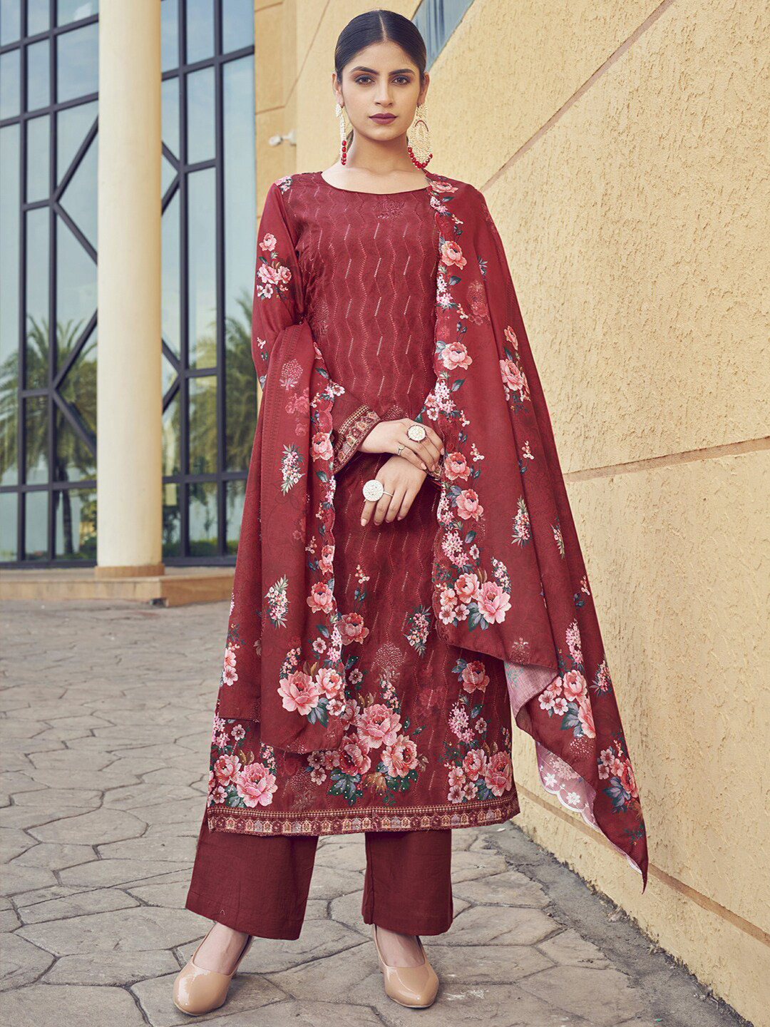 

Stylee LIFESTYLE Floral Sequinned Embroidered Pure Silk Unstitched Dress Material, Red