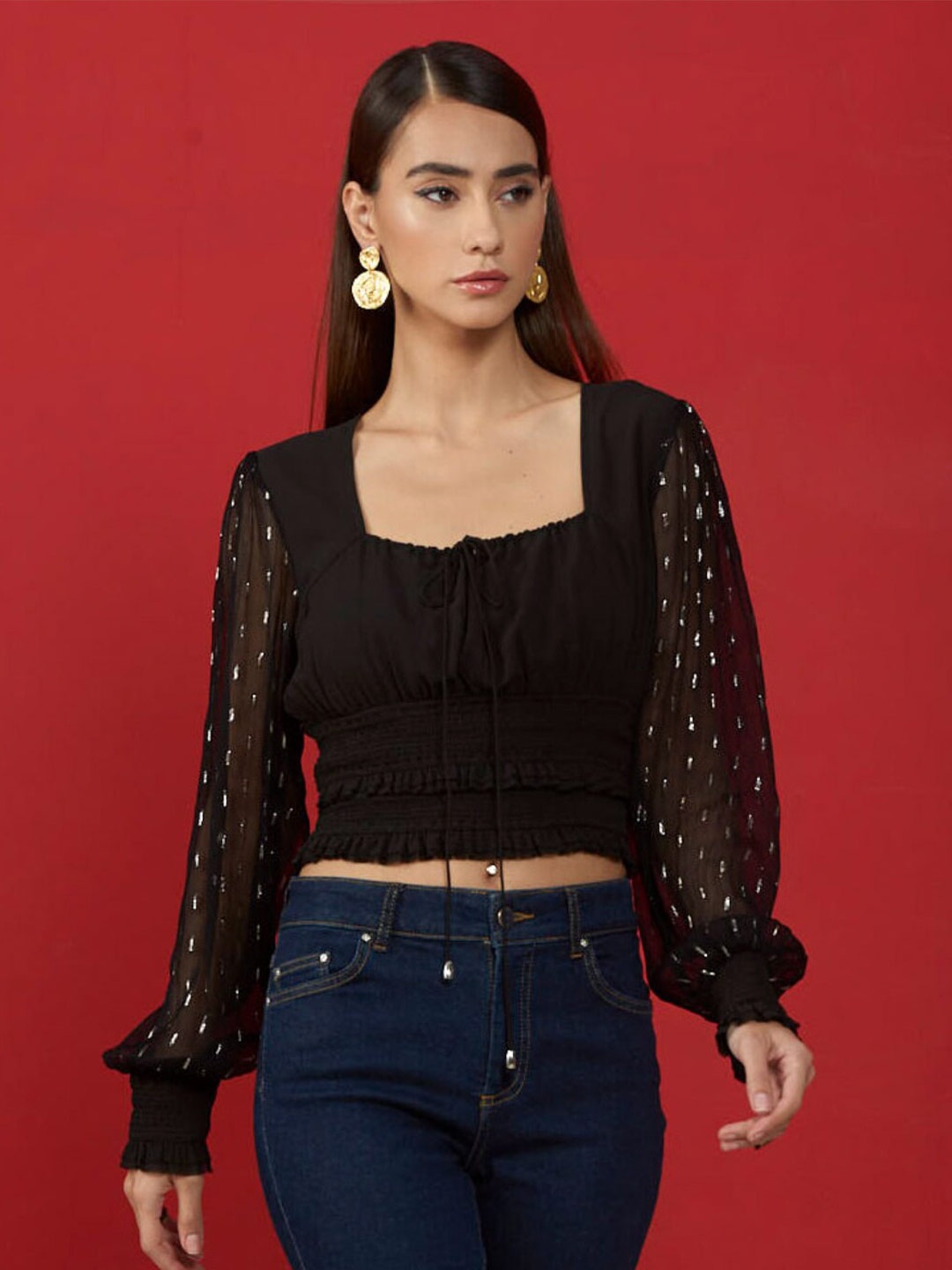 

Style Island Square Neck Puff Sleeves Blouson Crop Top, Black