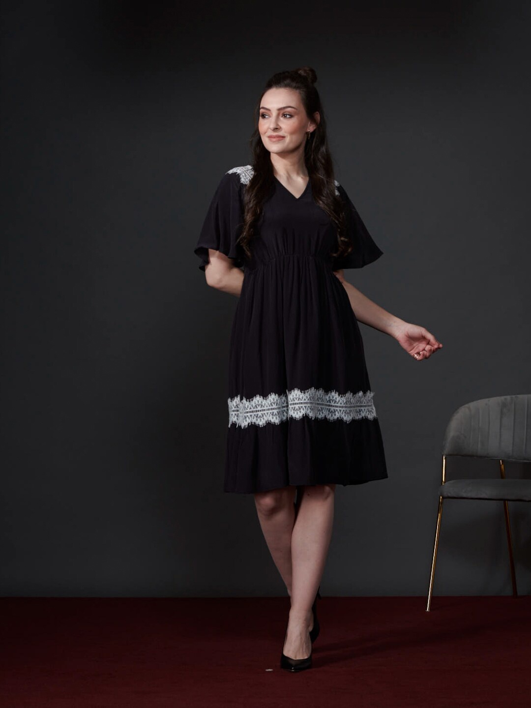 

Style Island Flared Sleeves Lace Inserts & Gathered Detailed Fit & Flare Dress, Black