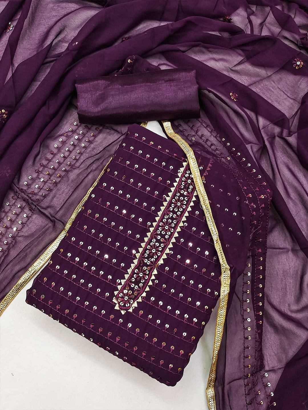 

KALINI Polka Dots Sequinned Embroidered Unstitched Dress Material, Purple
