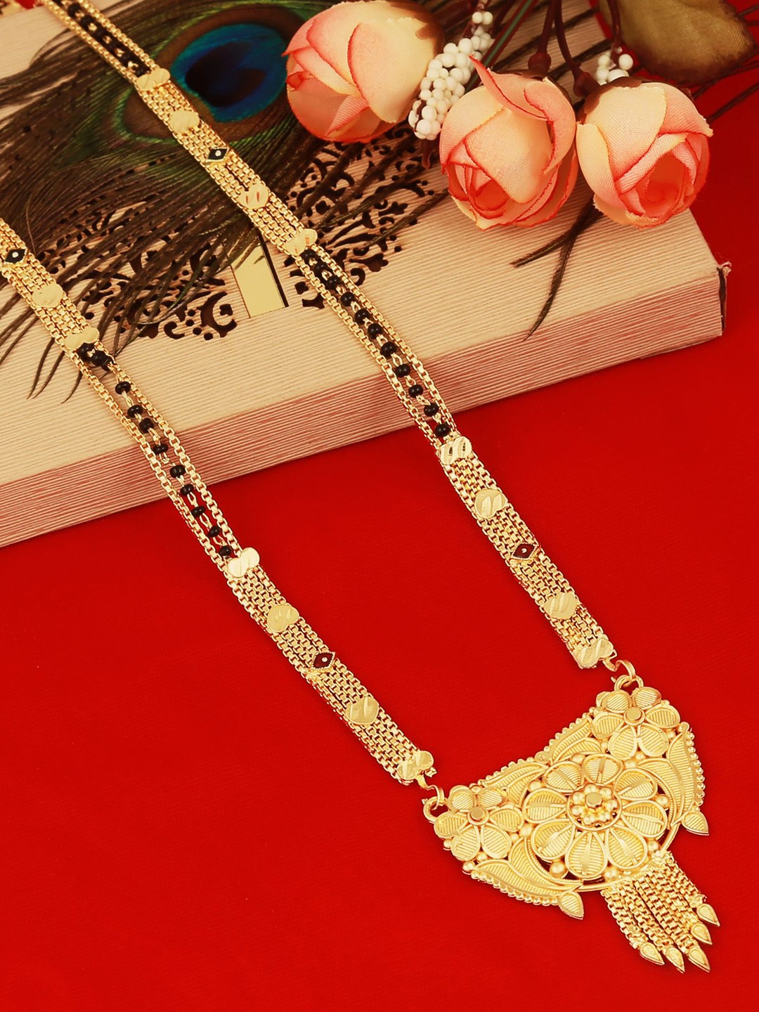 

MANSIYAORANGE Gold-Plated Beaded & Multi Stranded Filgree Design Mangalsutra