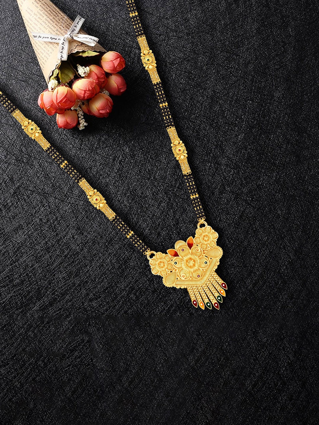 

MANSIYAORANGE Gold-Plated Beaded & Multi Stranded Filgree Design Mangalsutra