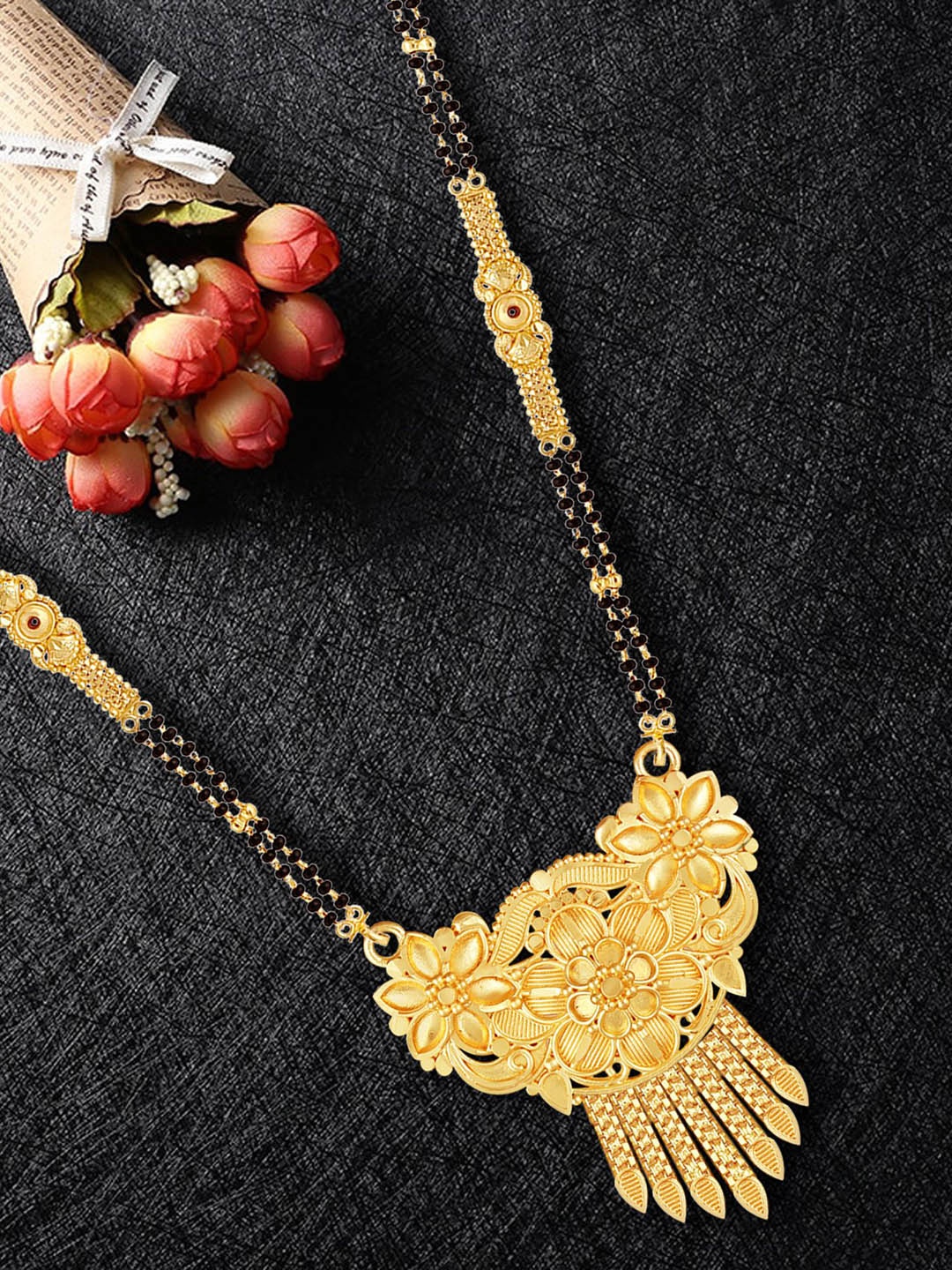 

MANSIYAORANGE Gold-Plated Beaded & Multi Stranded Filgree Design Mangalsutra