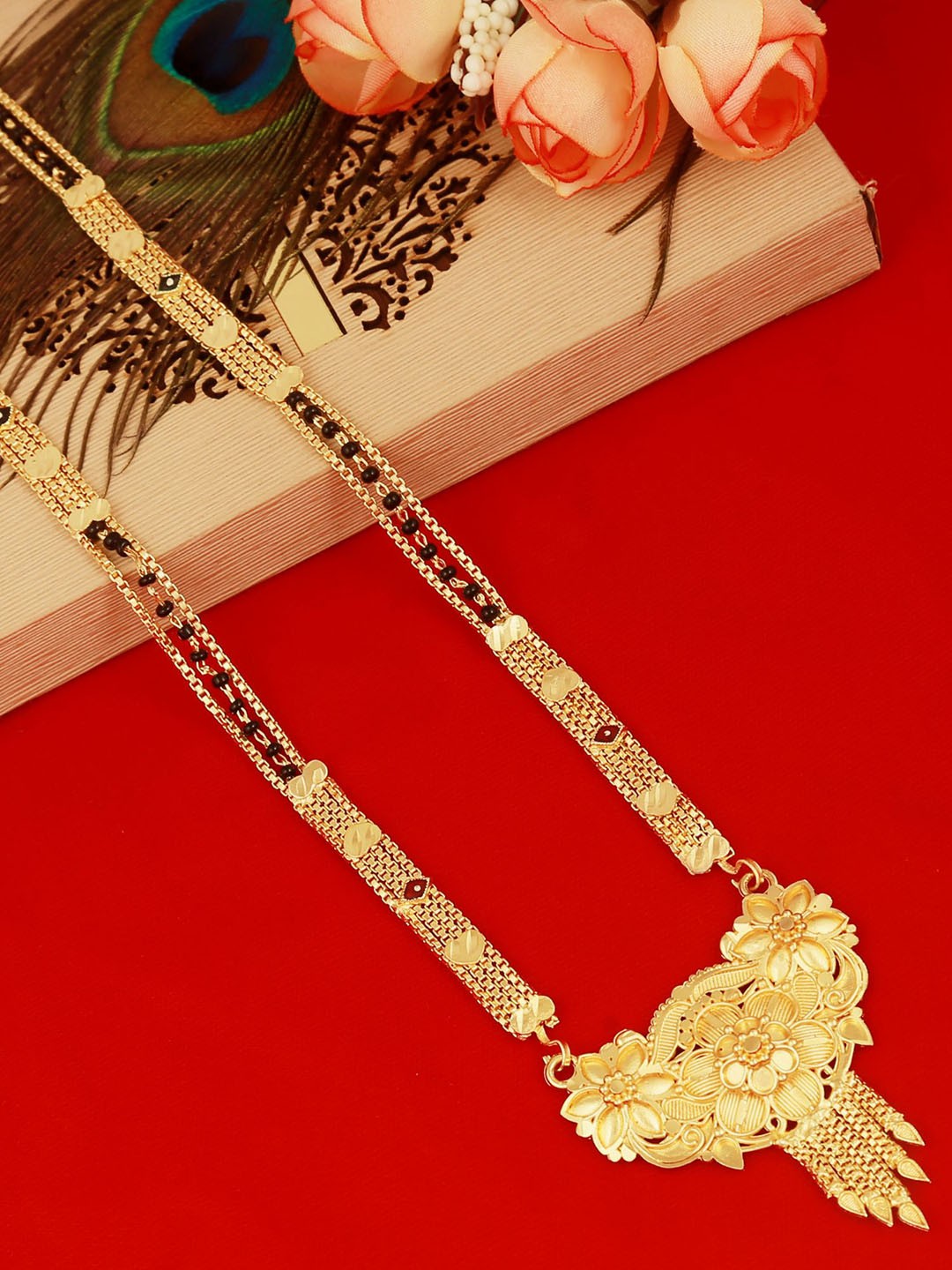 

MANSIYAORANGE Gold-Plated Beaded & Multi Stranded Filgree Design Mangalsutra