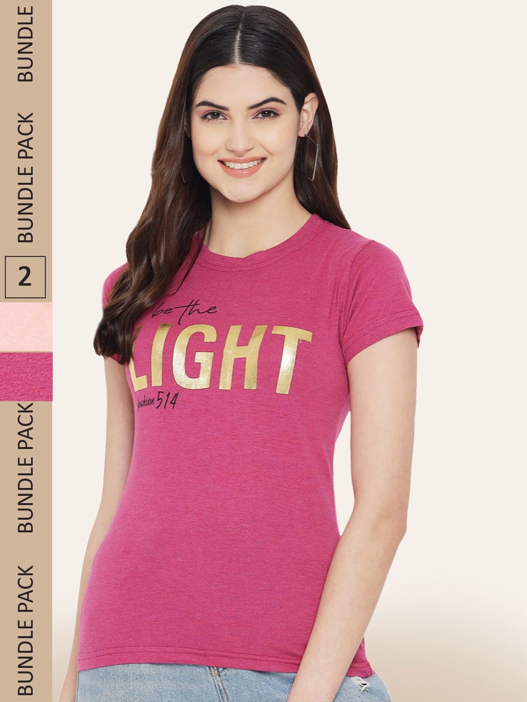 

BAESD Women Pack Of 2 Printed Cotton T-shirt, Pink
