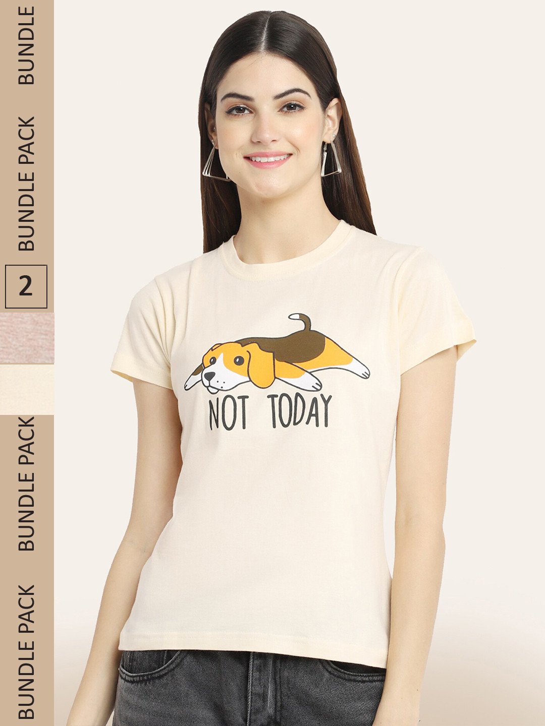 

BAESD Women Pack Of 2 Typography Printed Cotton T-shirt, Cream