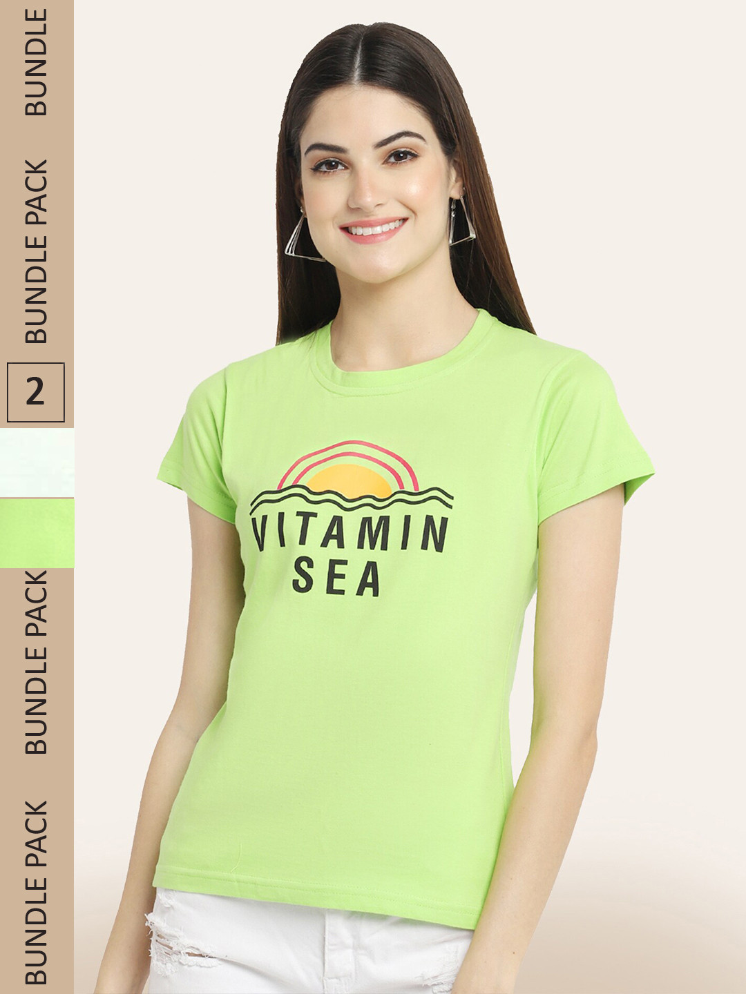 

BAESD Women Pack Of 2 Printed Cotton T-shirt, Green