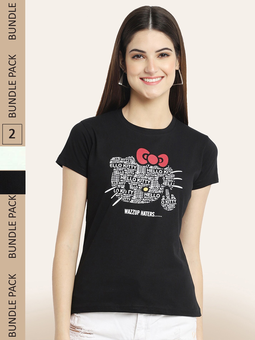 BAESD Women Pack of 2 Typography Printed Cotton T-shirts, Black