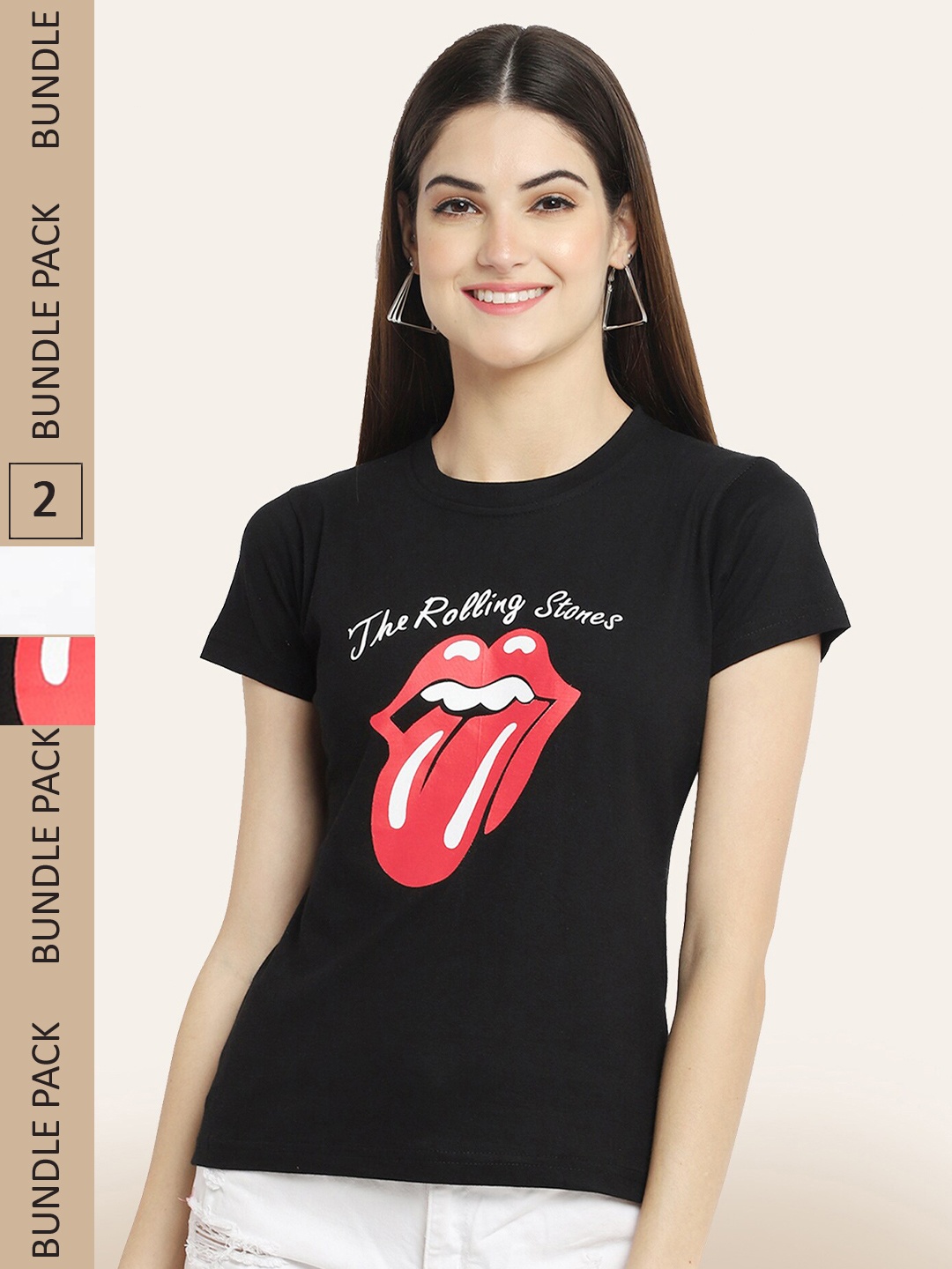 

BAESD Women Pack Of 2 Printed Cotton T-shirt, Black