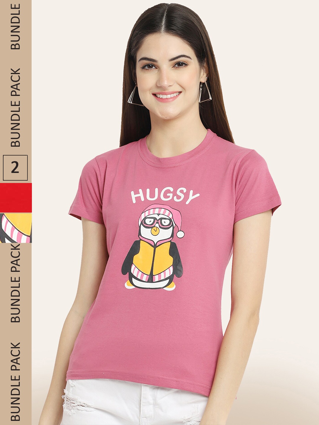 BAESD Women Pack Of 2 Printed Cotton T-shirt, Pink
