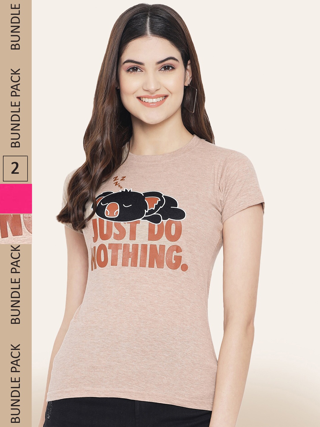BAESD Pack Of 2 Typography Printed Round Neck Cotton T-shirt, Beige