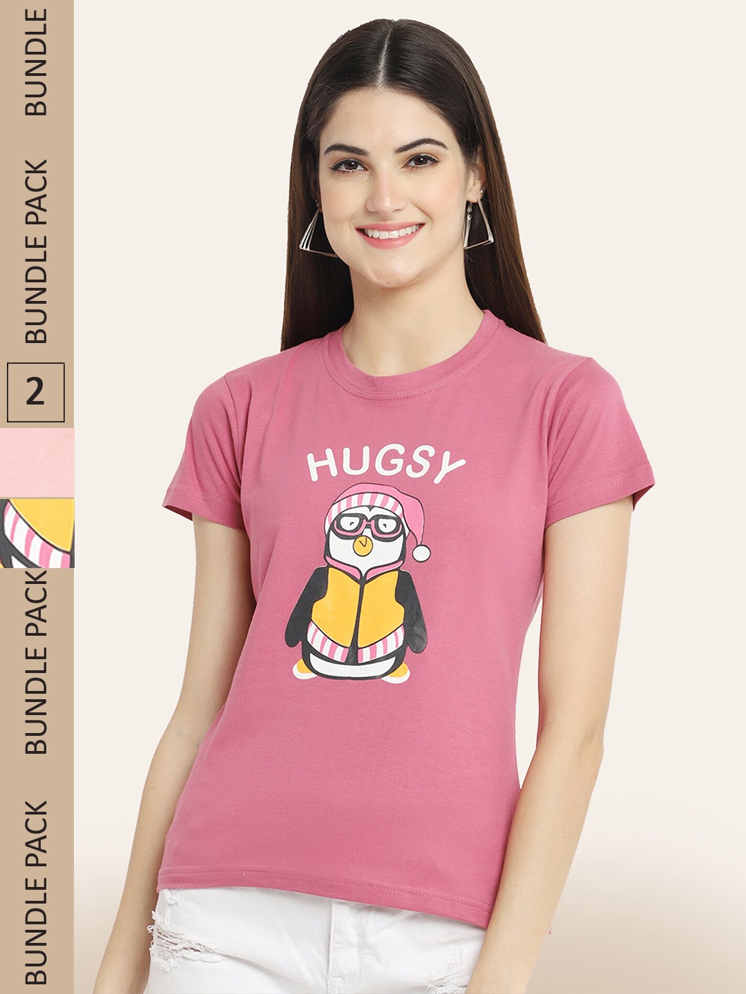 

BAESD Women Pack of 2 Printed Cotton T-shirts, Pink