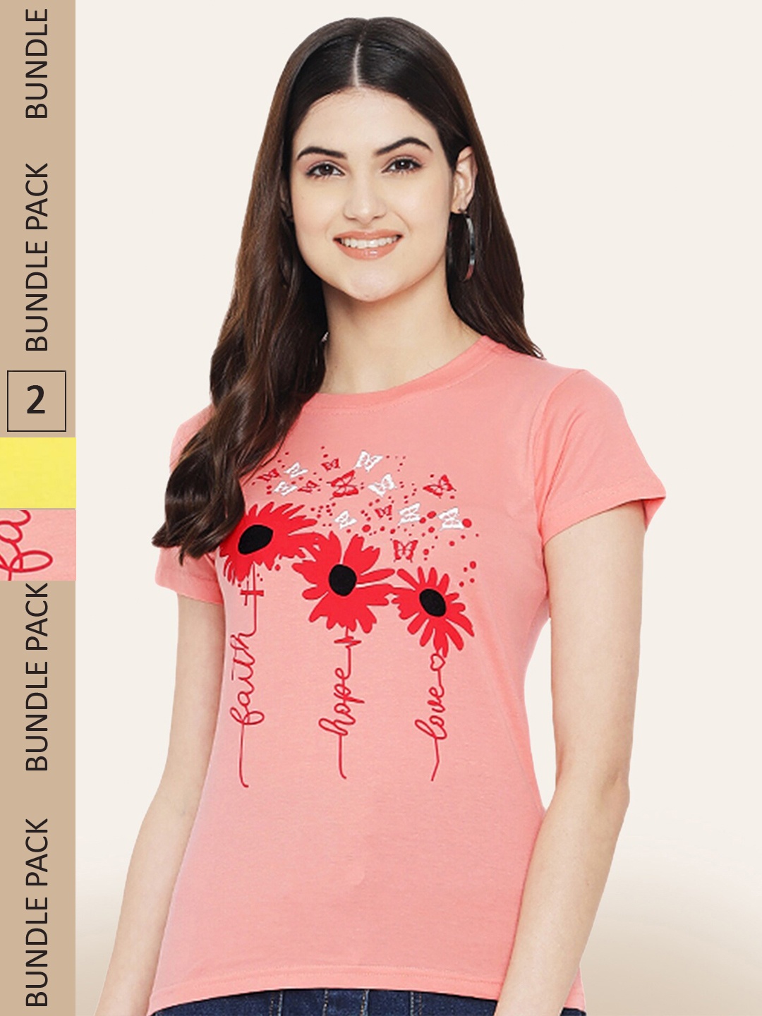 BAESD Pack Of 2 Typography Printed Cotton T-shirt, Peach