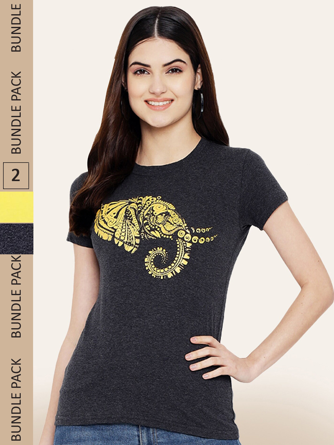 

BAESD Pack Of 2Printed Round Neck Cotton T-Shirts, Grey melange