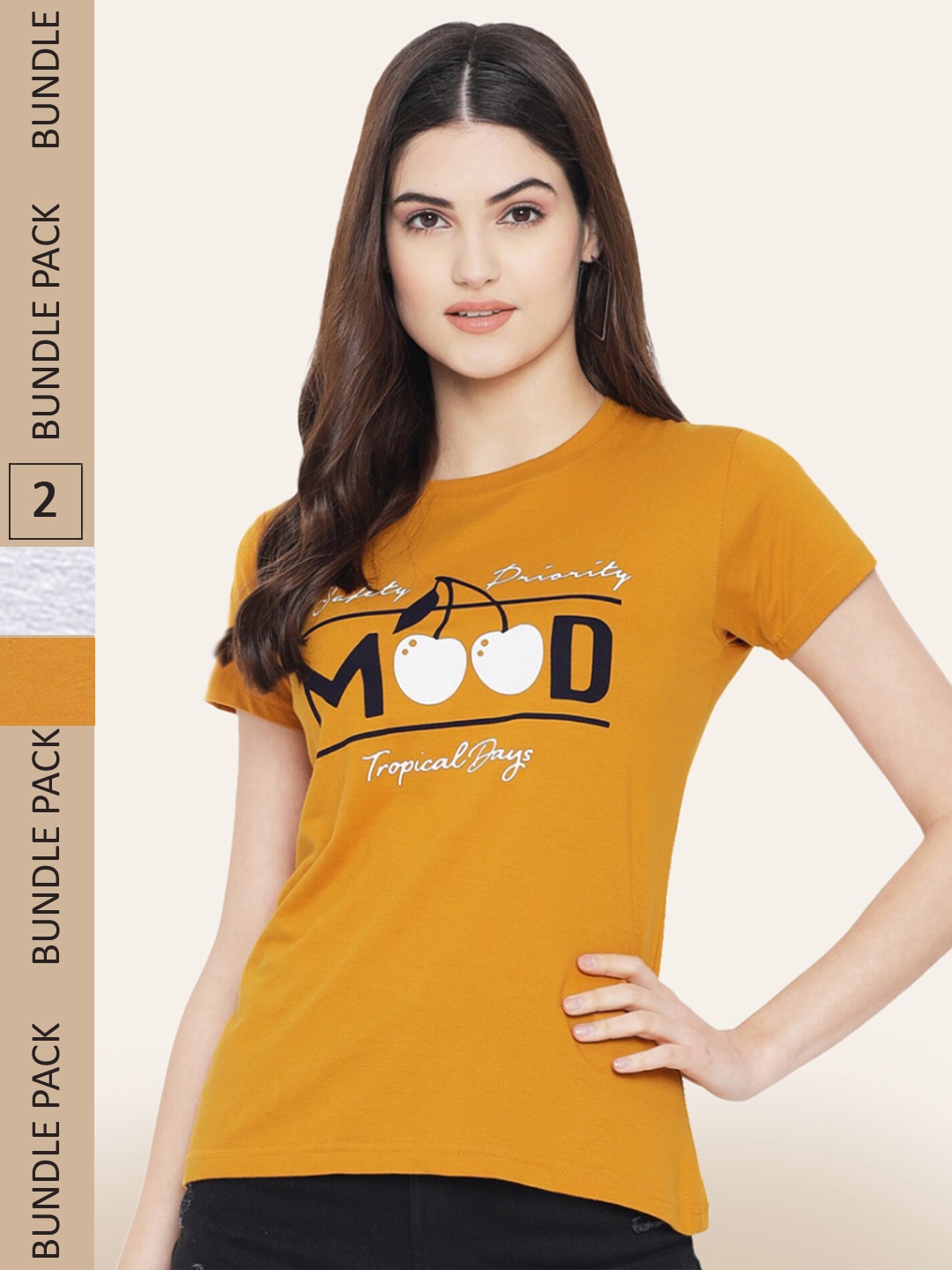 

BAESD Pack Of 2 Printed Cotton T-shirt, Mustard