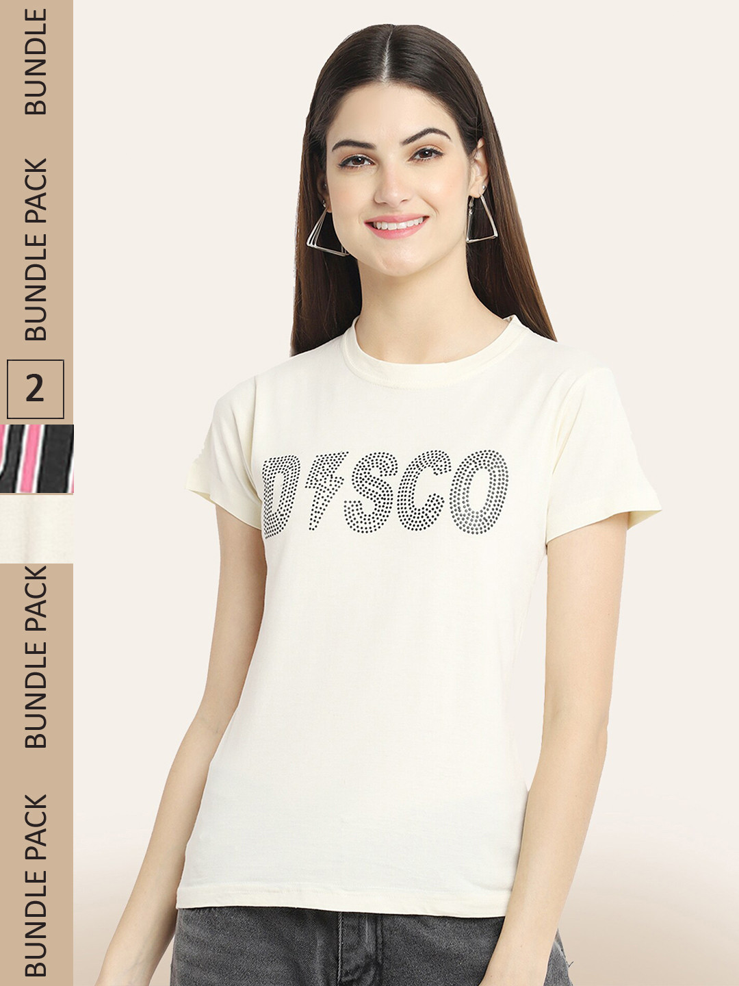 

BAESD Pack Of 2 Printed Round Neck Cotton T-shirt, Cream